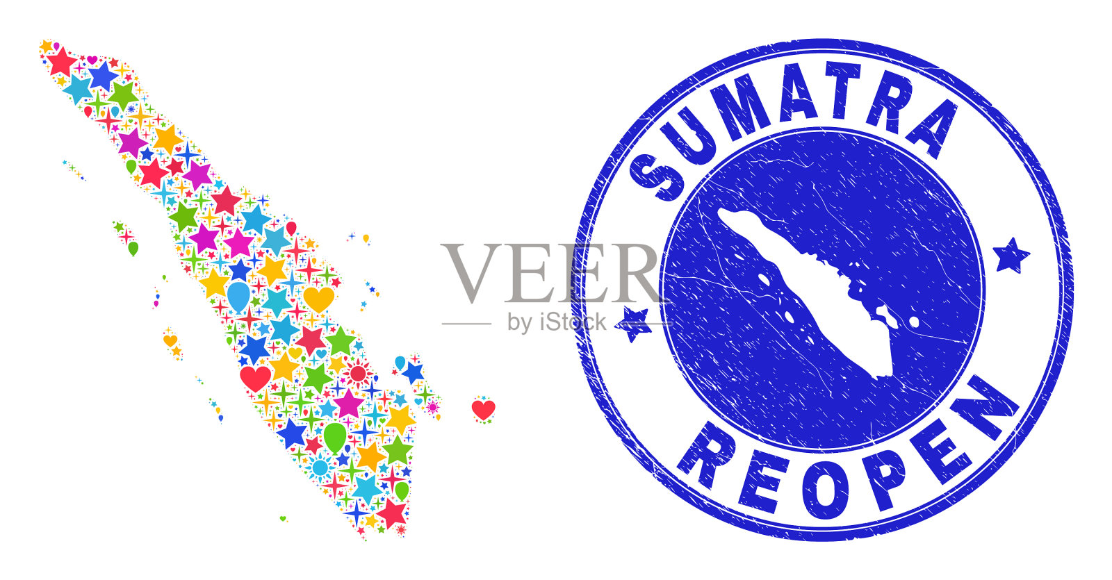 重新开放苏门答腊地图马赛克和垃圾印章插画图片素材