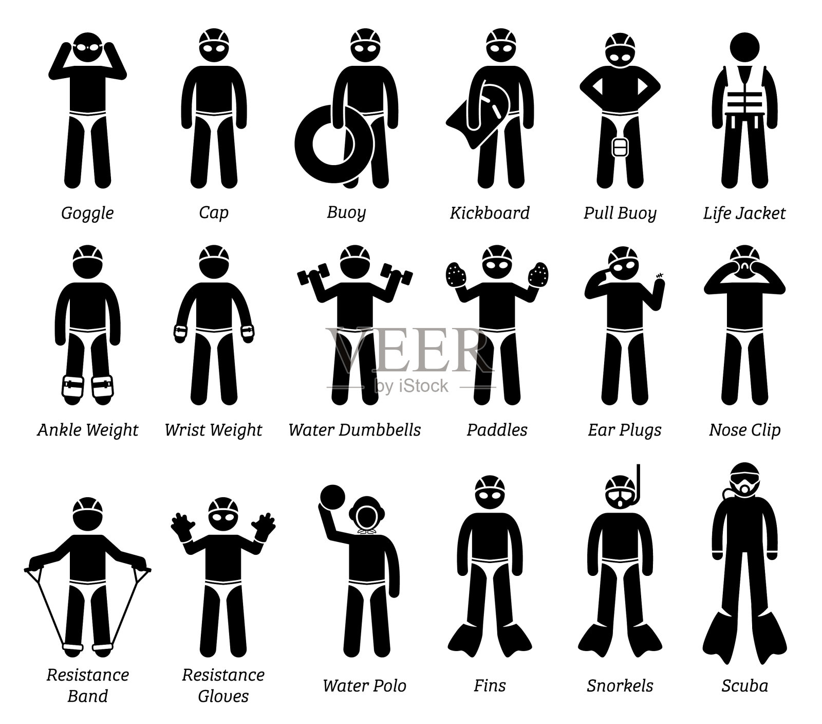 游泳装备和设备stick figure ICONS图标素材