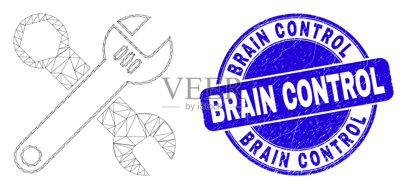蓝色苦恼大脑控制印章和网状物插画图片素材