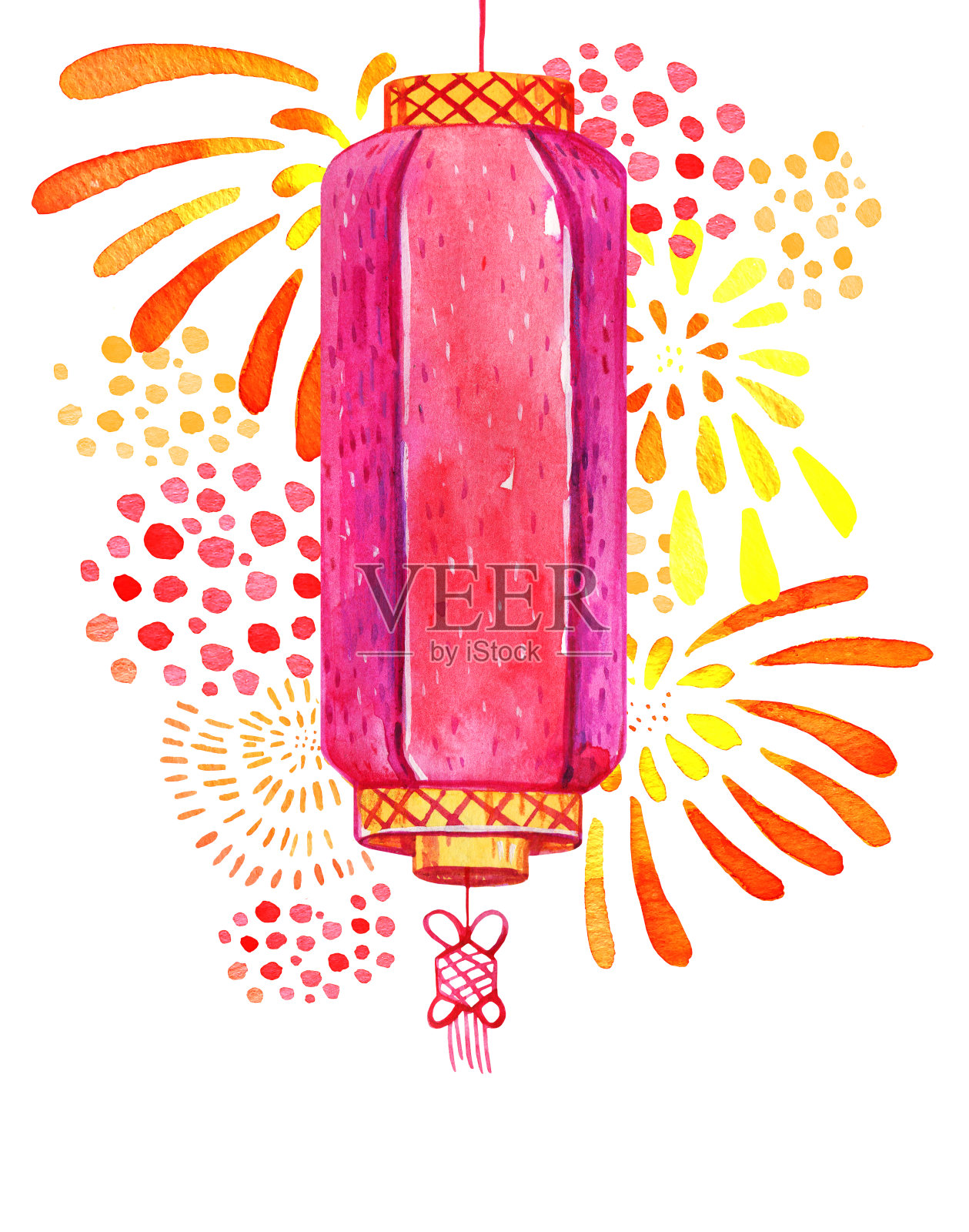 传统的中国纸灯笼与烟花的背景。手绘水彩素描插图上的白色背景插画图片素材