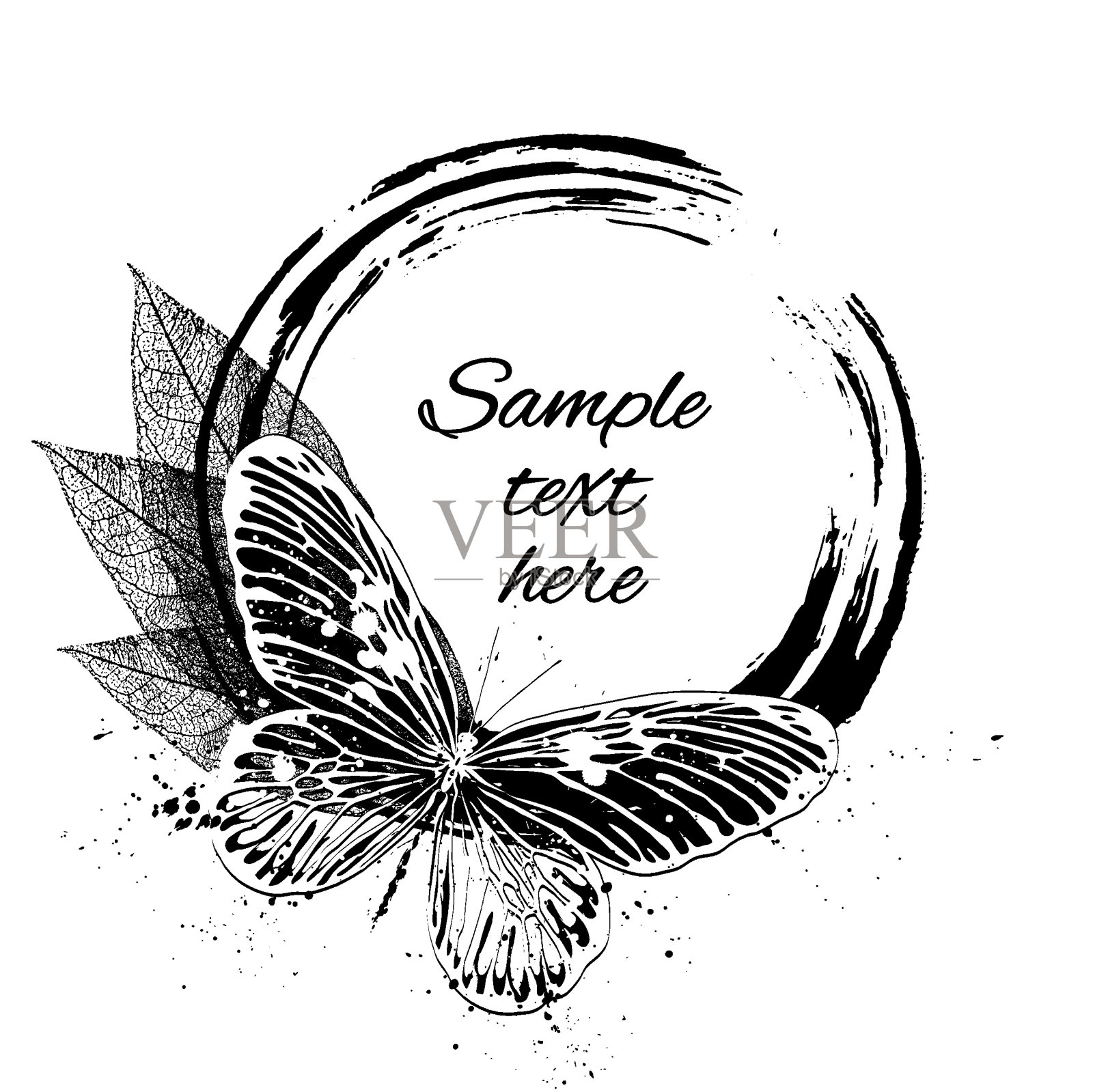 空白的题字。框架背景在黑白图形。枯燥乏味的风格。圆，蝴蝶，树叶和飞溅。矢量图插画图片素材