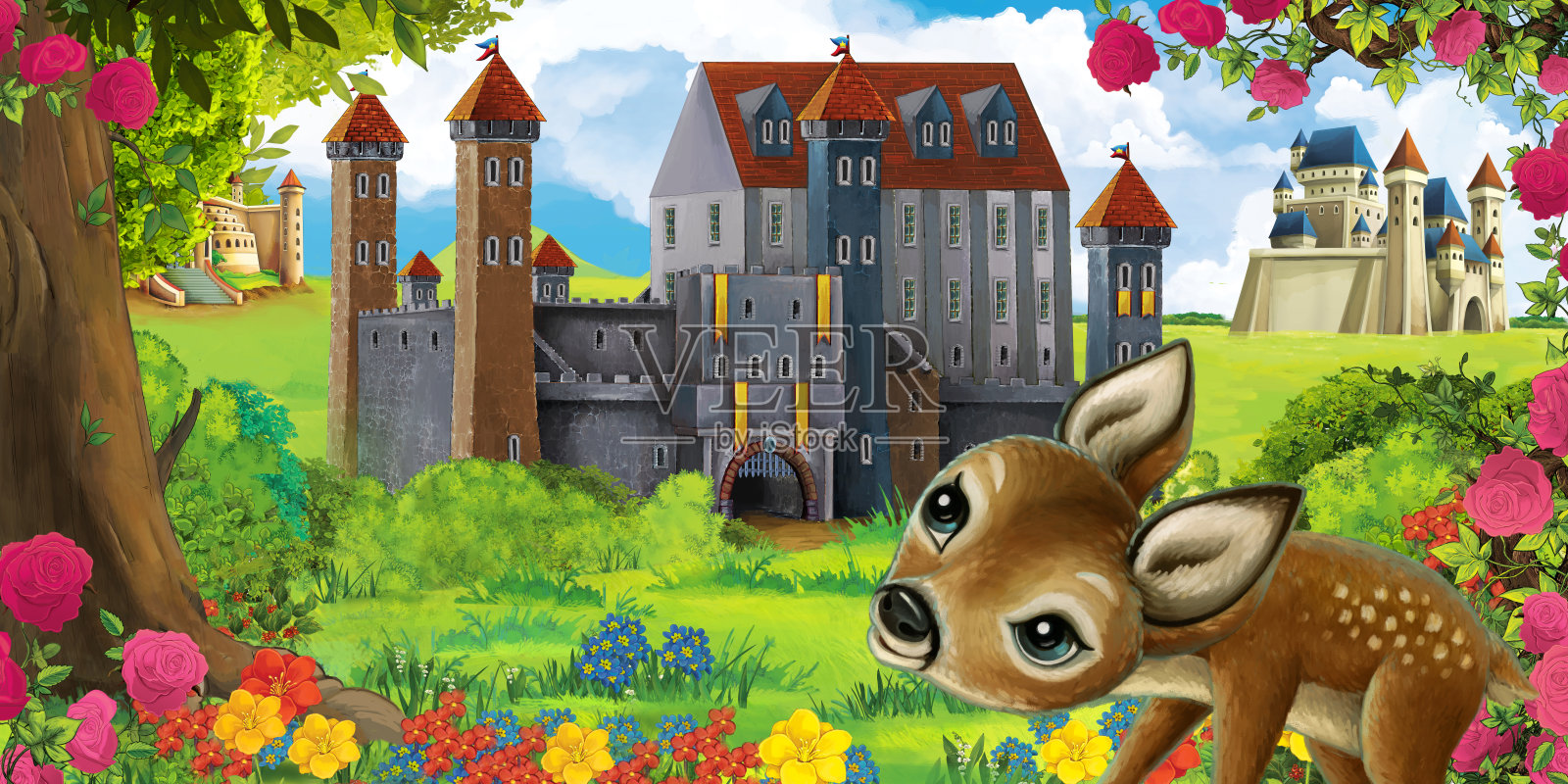 卡通花园场景与美丽的城堡附近的森林与森林动物插图插画图片素材