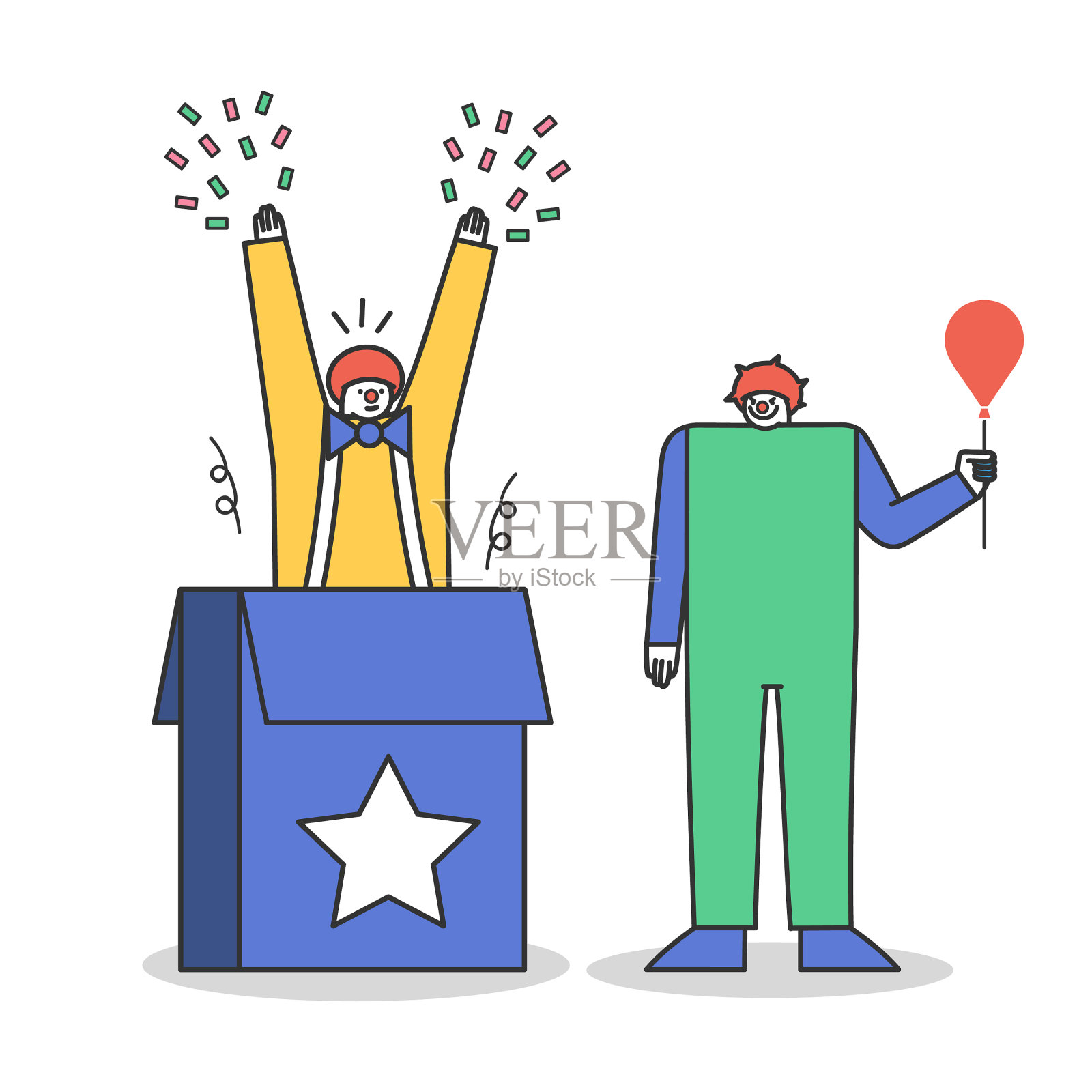 马戏团小丑从盒子里跳出来，滑稽的角色设计元素图片