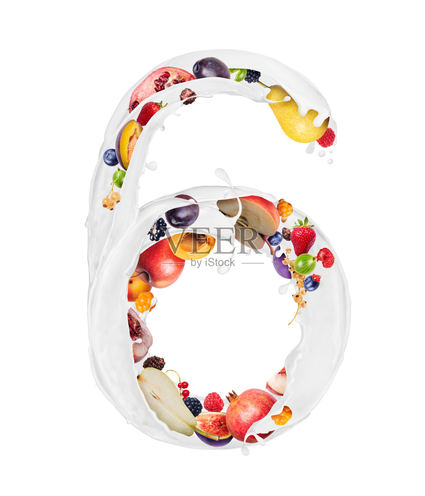 6号是用牛奶和水果和浆果做成的，孤立在白色背景上照片摄影图片