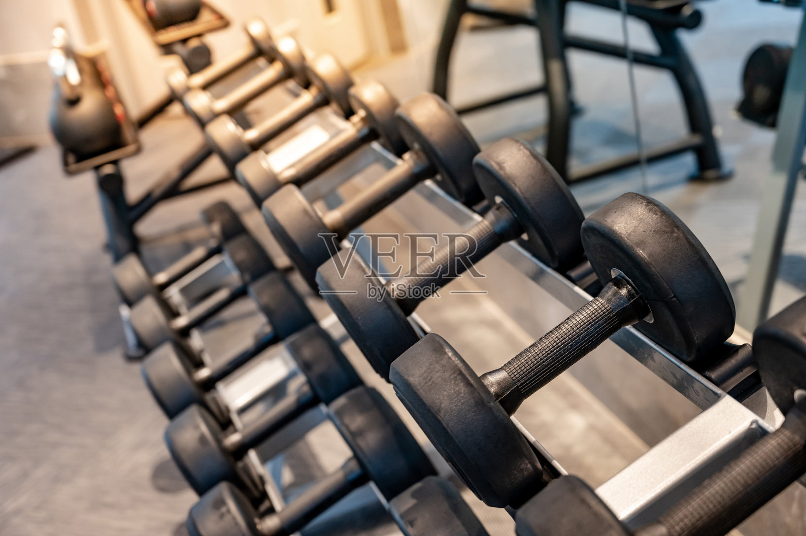 健身房里架子上的一组哑铃照片摄影图片