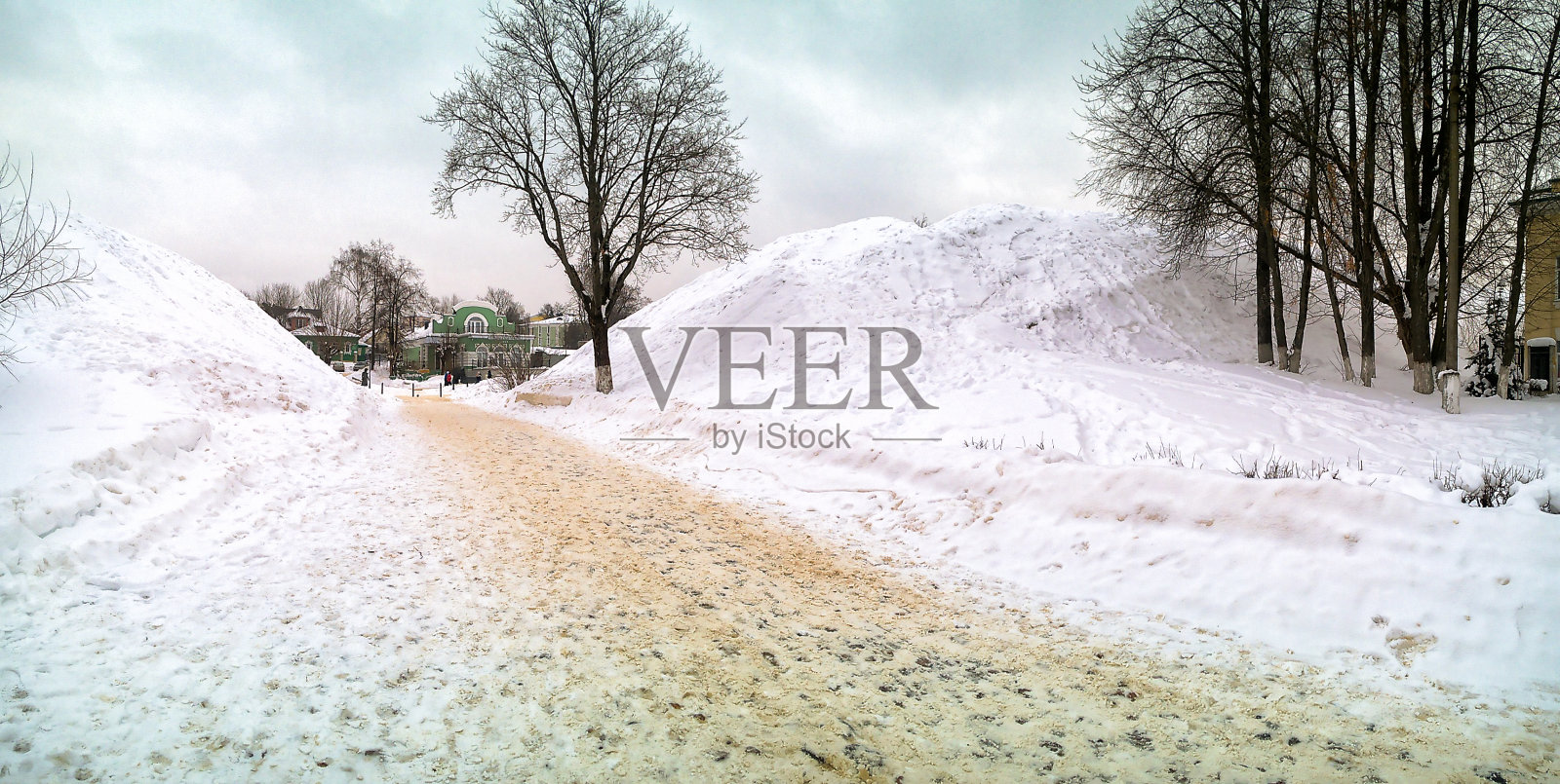 街上下着大雪。照片摄影图片