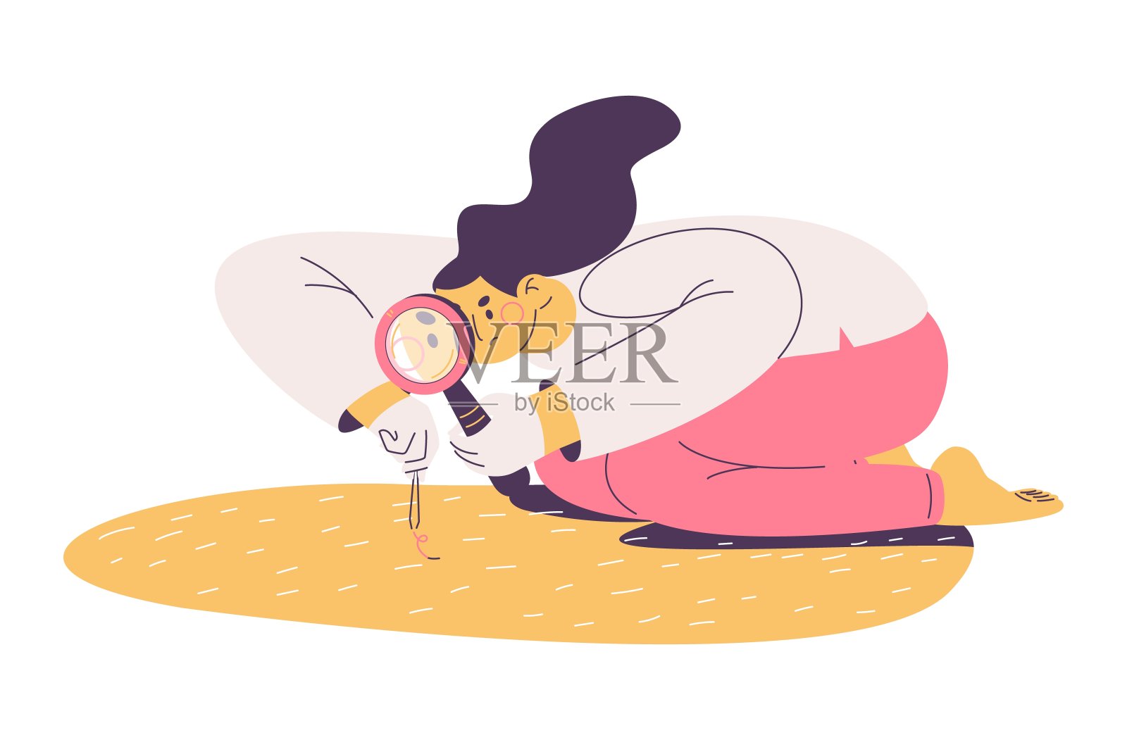 患有强迫症的妇女用放大镜和镊子打扫房间。孤立在白色载体上强调性状插画图片素材