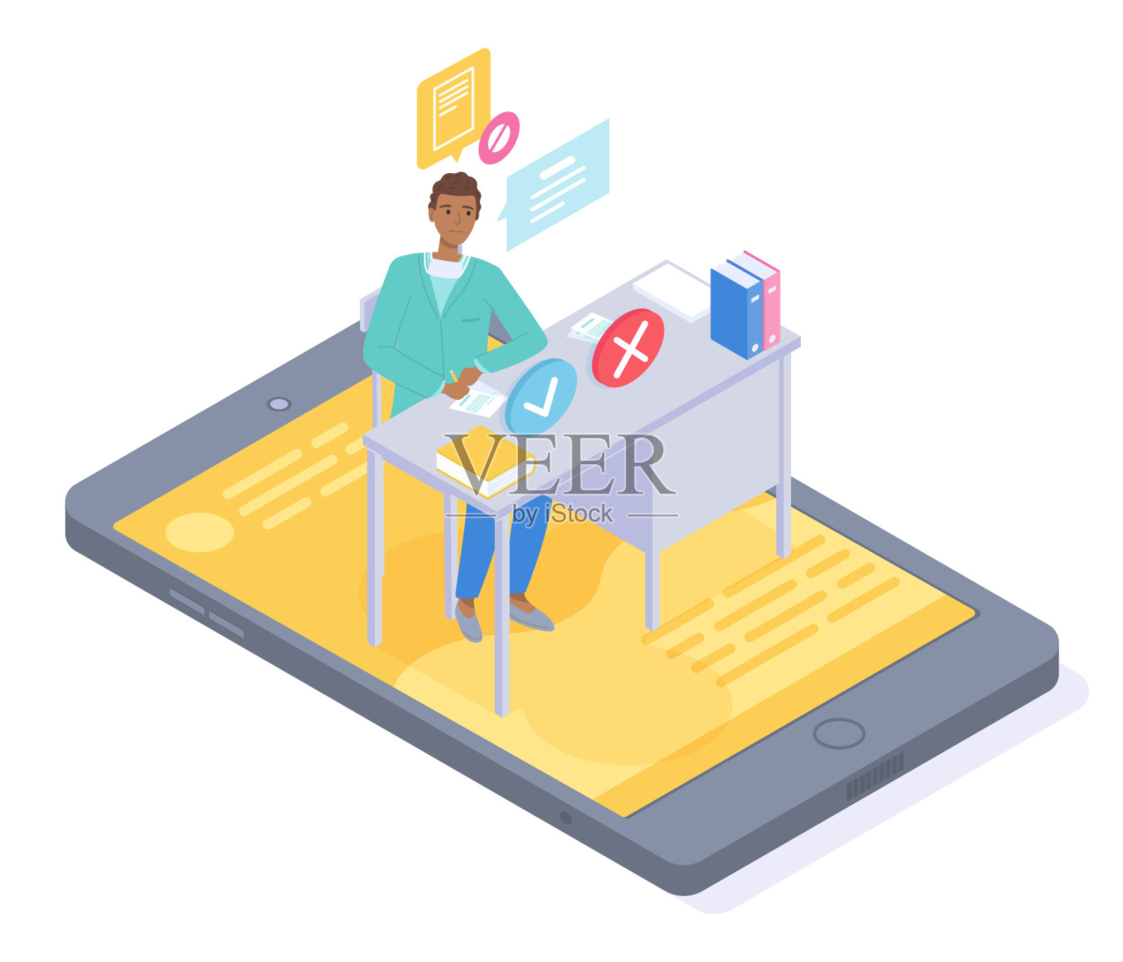智能手机等距3d插图，在线咨询医师治疗师医生视频电话插画图片素材