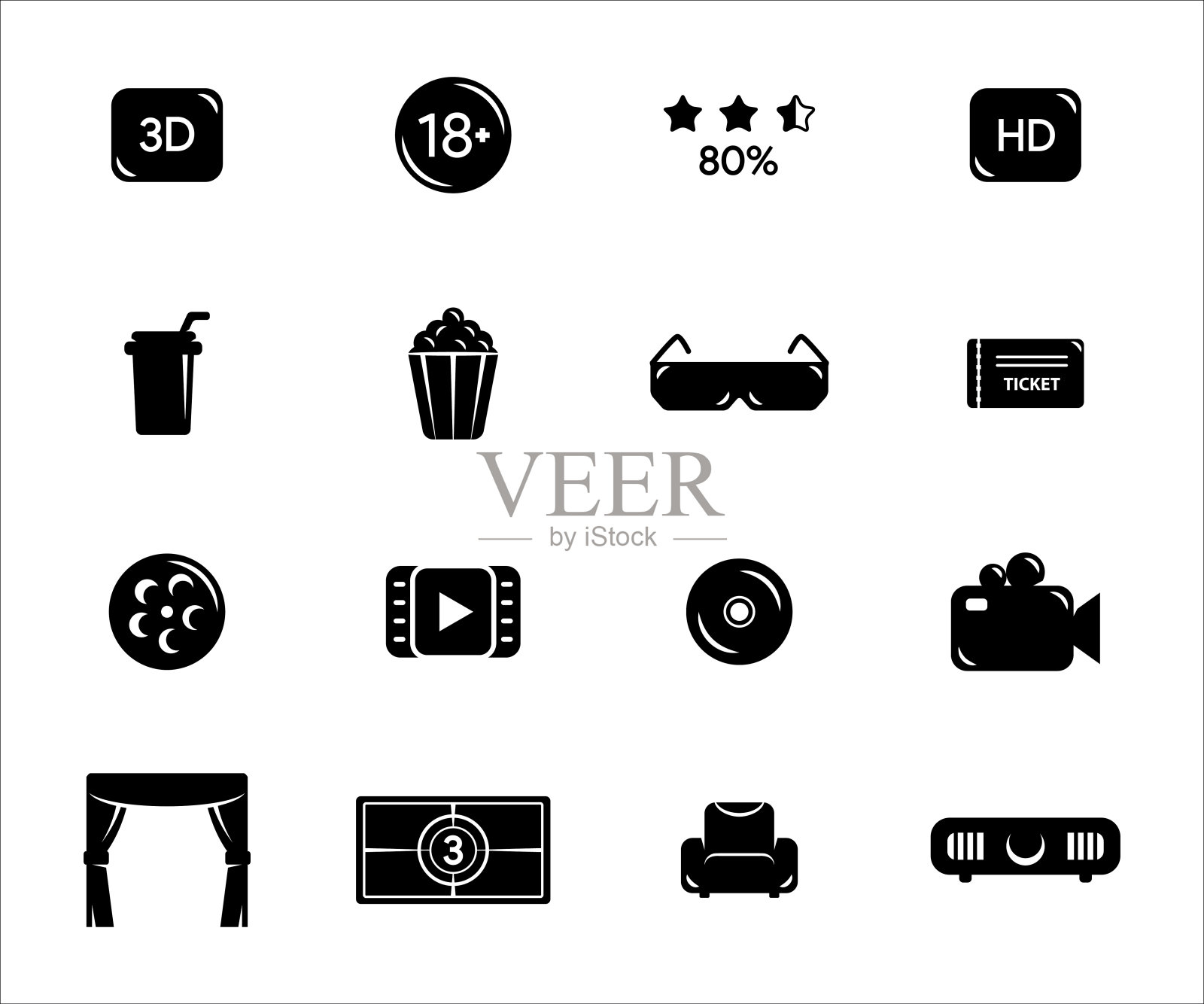 简单的一套电影电影显示相关矢量图标图形设计。包含年龄率、票、饮料、饮料、爆米花、玻璃杯、胶卷、cd、放映机、座位、窗帘等图标图标素材