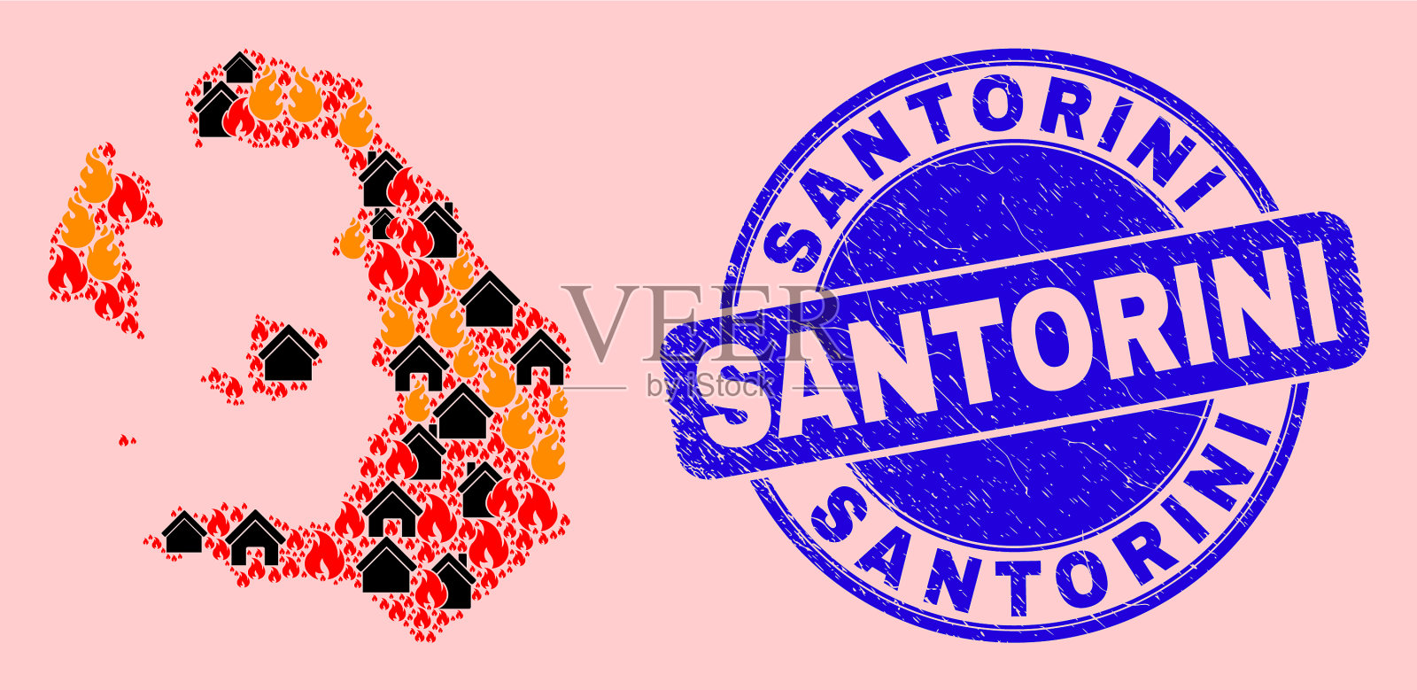 圣托里尼岛地图组成火焰和插画图片素材