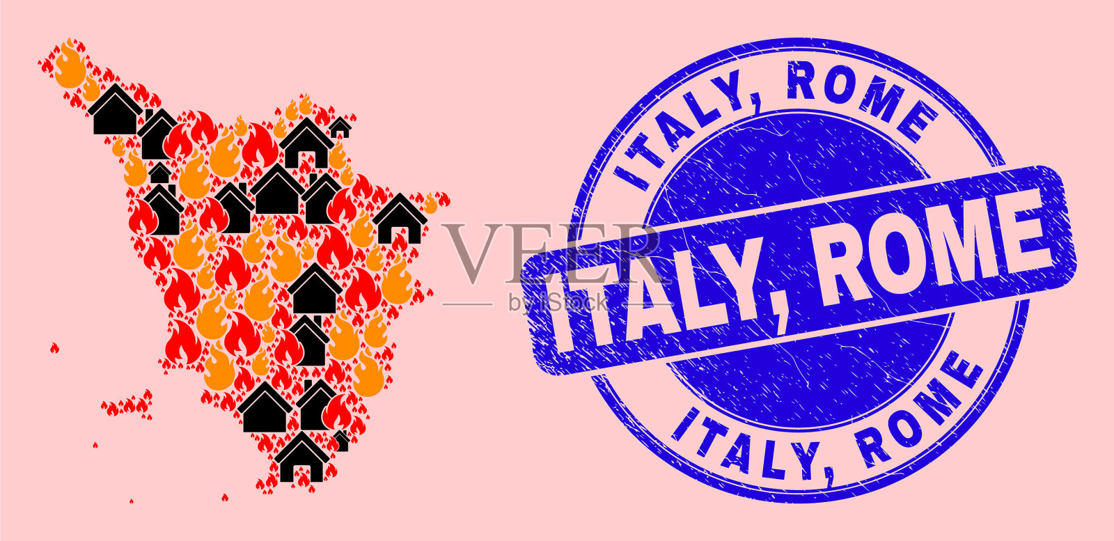 托斯卡纳地区的地图拼贴火焰和建筑物插画图片素材