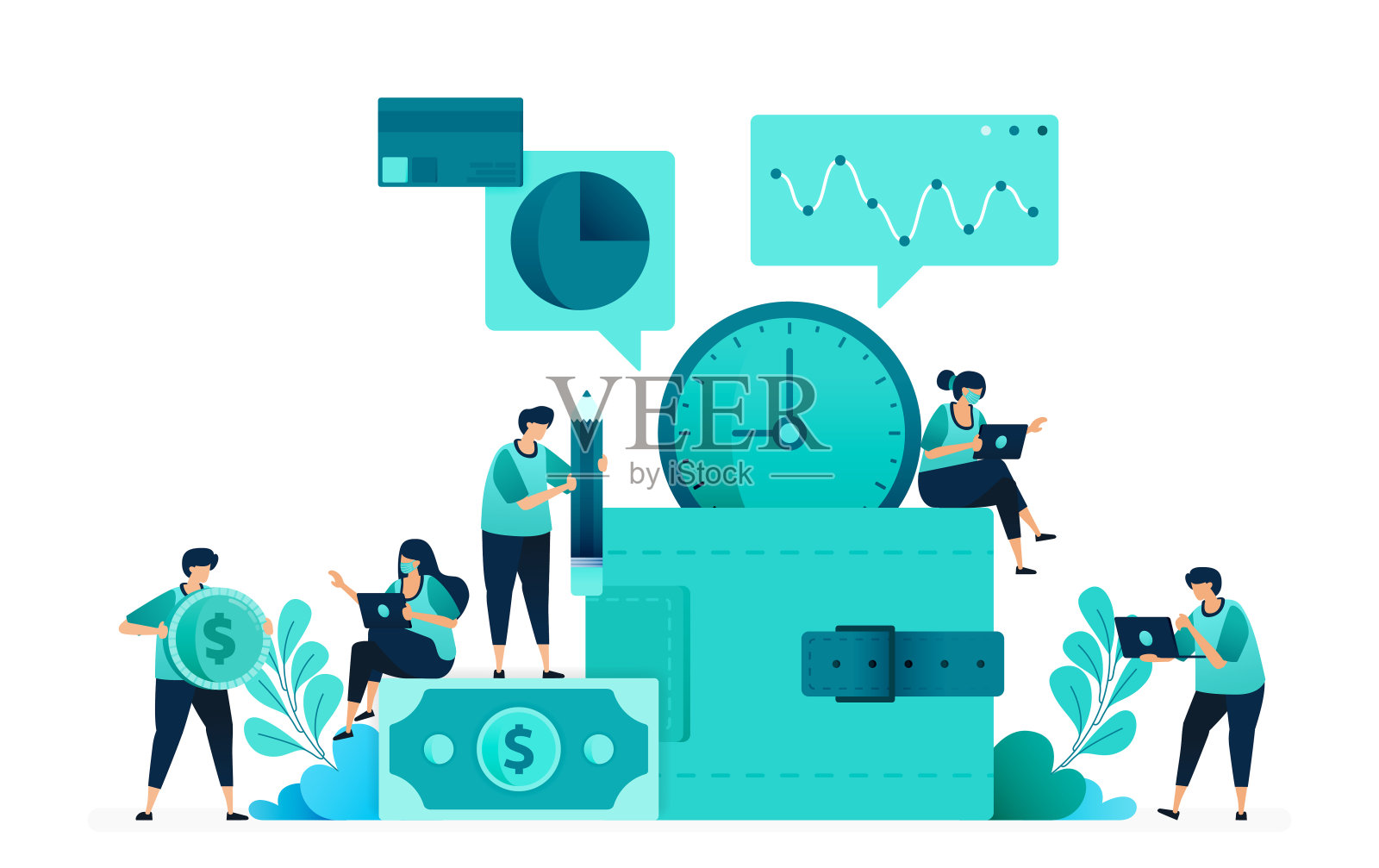 储蓄和投资的矢量插图与钱包的隐喻。财务和资金分析。一群男女工人。专为网站，网页，登陆页，应用程序，UI ux，海报，传单插画图片素材