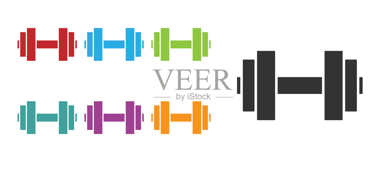 黑色哑铃图标孤立在白色背景。肌肉提升图标，健身杠铃，健身房，运动器材，运动哑铃。设置彩色图标。向量图标素材