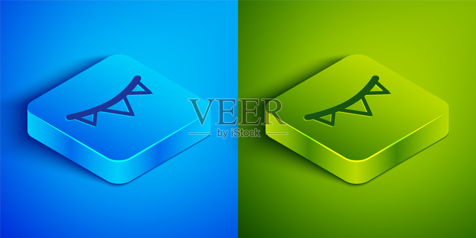 等距线狂欢节花环与旗帜图标孤立在蓝色和绿色的背景。宴会用三角旗庆祝生日，节日装饰。方形按钮。向量图标素材