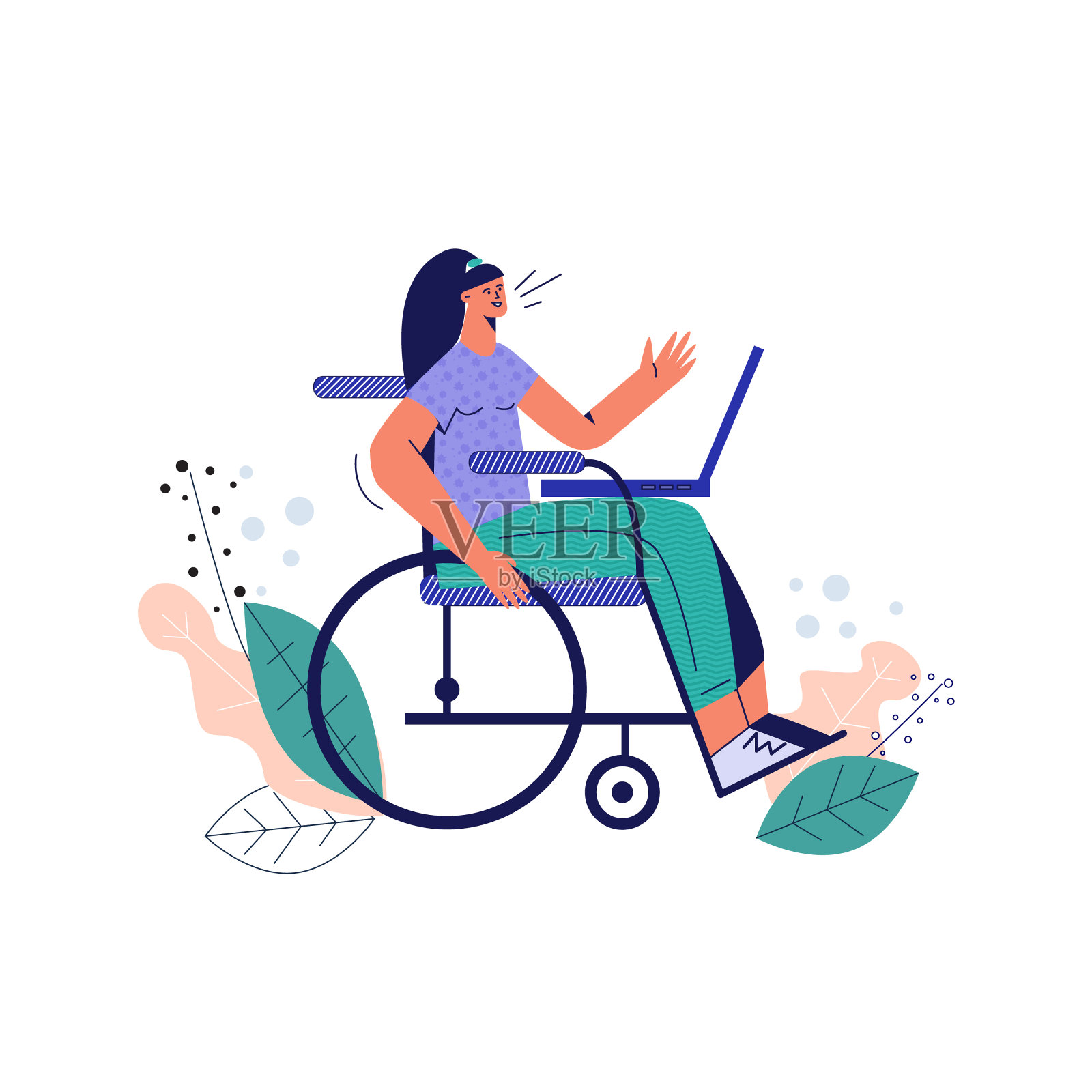 残疾妇女在轮椅平面矢量插图孤立在白色插画图片素材