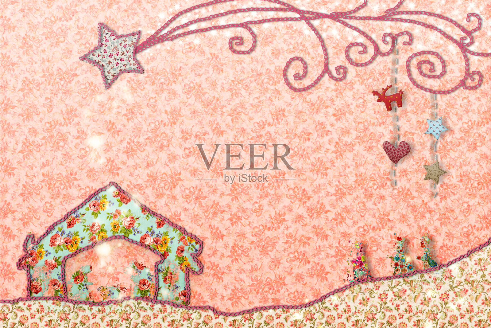 圣诞圣诞场景贺卡。圣诞明信片的耶稣诞生场景，伯利恒之星和三个智者与织物裁剪照片摄影图片