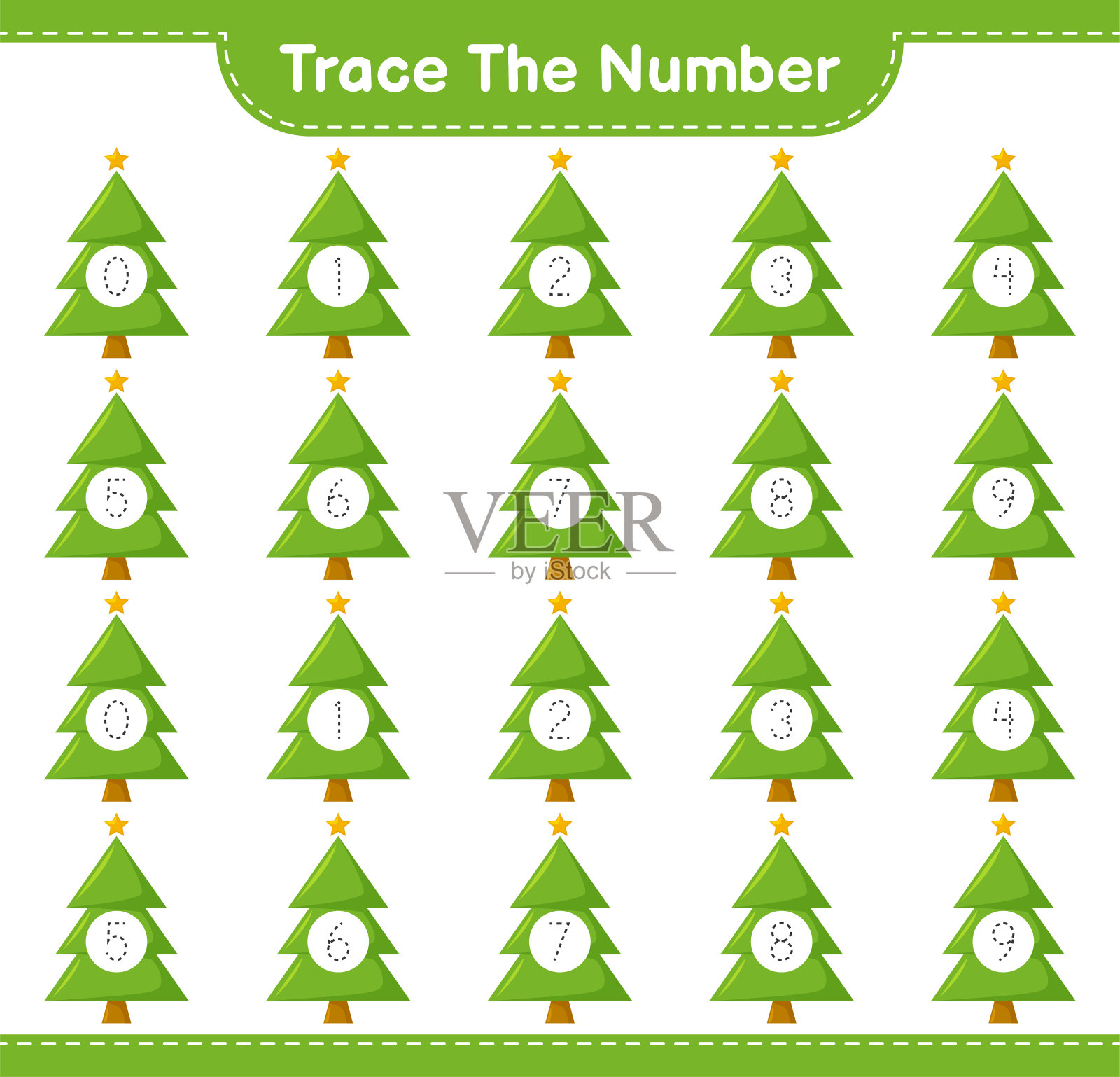 跟踪号码。追踪编号与圣诞树。教育儿童游戏，可打印的工作表，矢量插图插画图片素材
