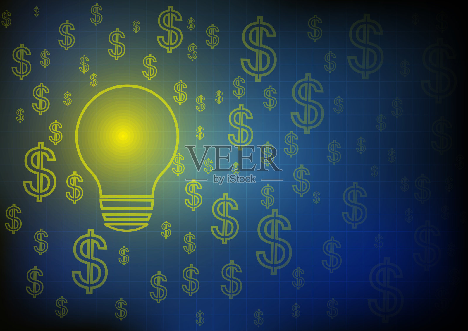 向量:蓝色背景上的灯泡和美元标志插画图片素材
