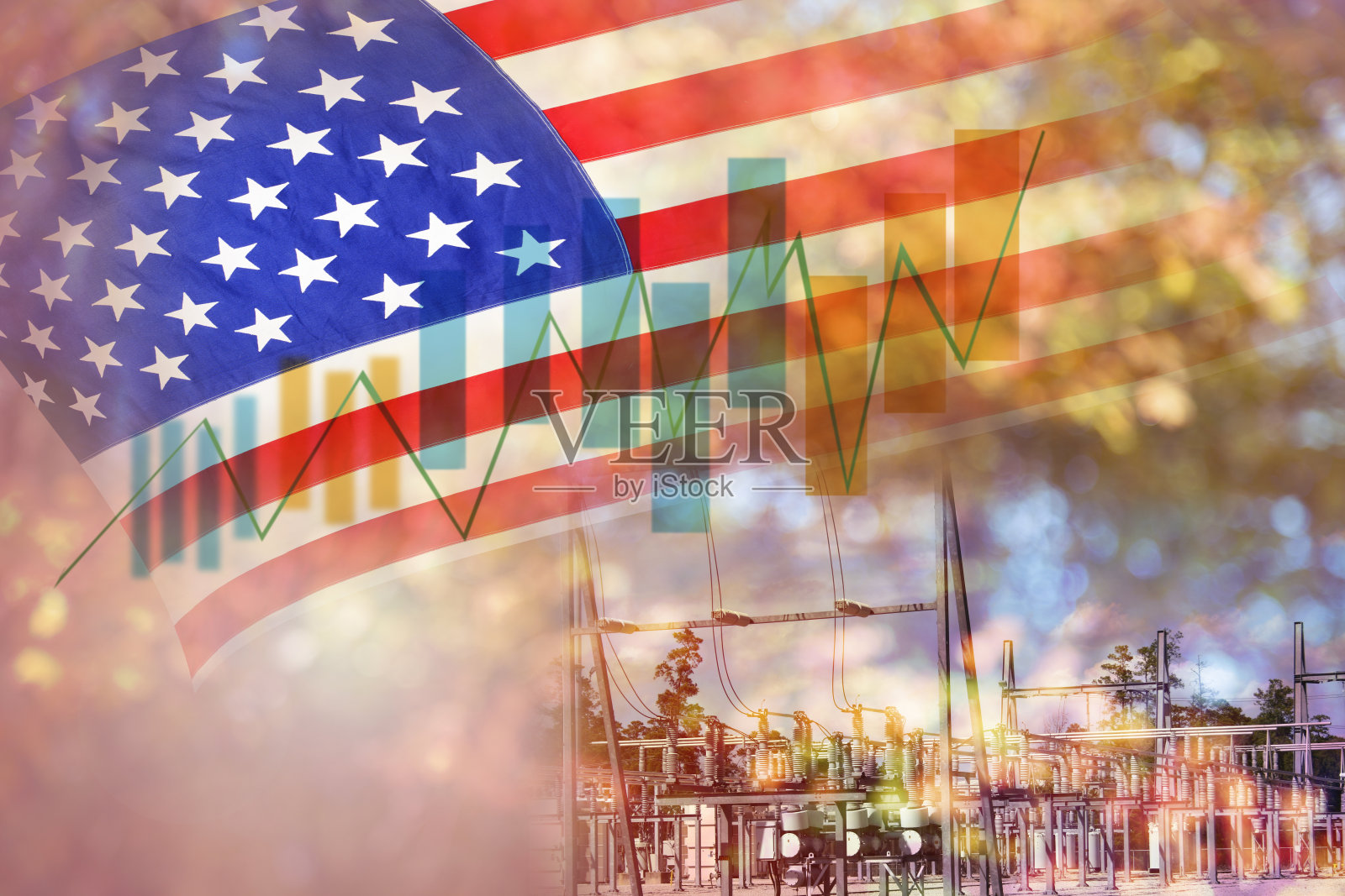 综合发电机，美国国旗和股票市场。照片摄影图片