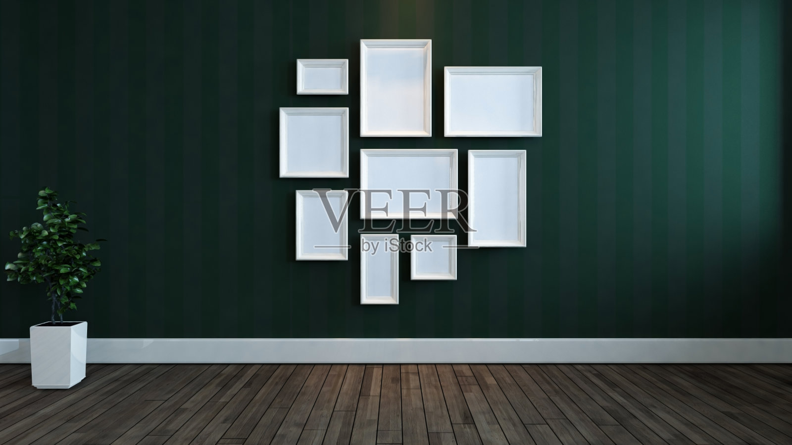 白色相框内衬绿色墙纸墙，木地板和植物3d渲染照片摄影图片
