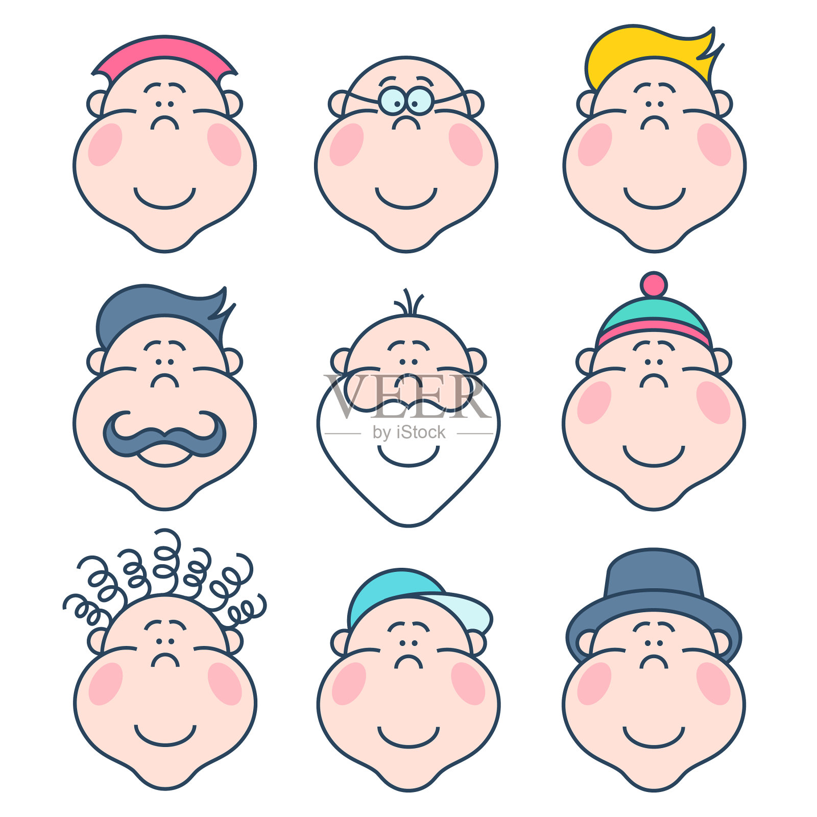 平面线性的虚拟形象与微笑的面孔男人图标素材