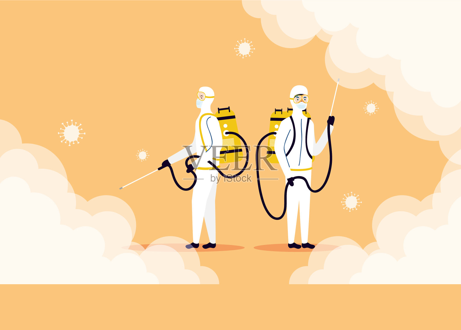 生物安全工作人员用喷雾器进行消毒插画图片素材