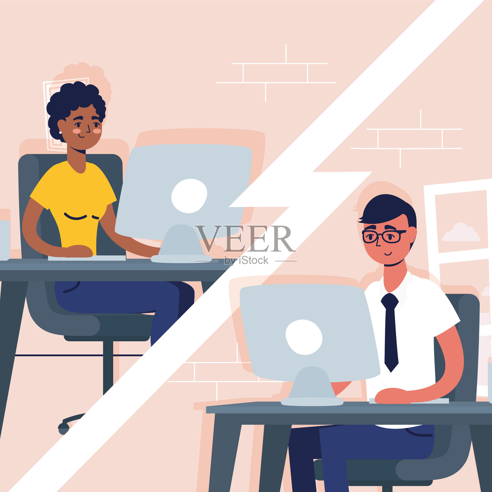 异族夫妇使用桌面虚拟插画图片素材