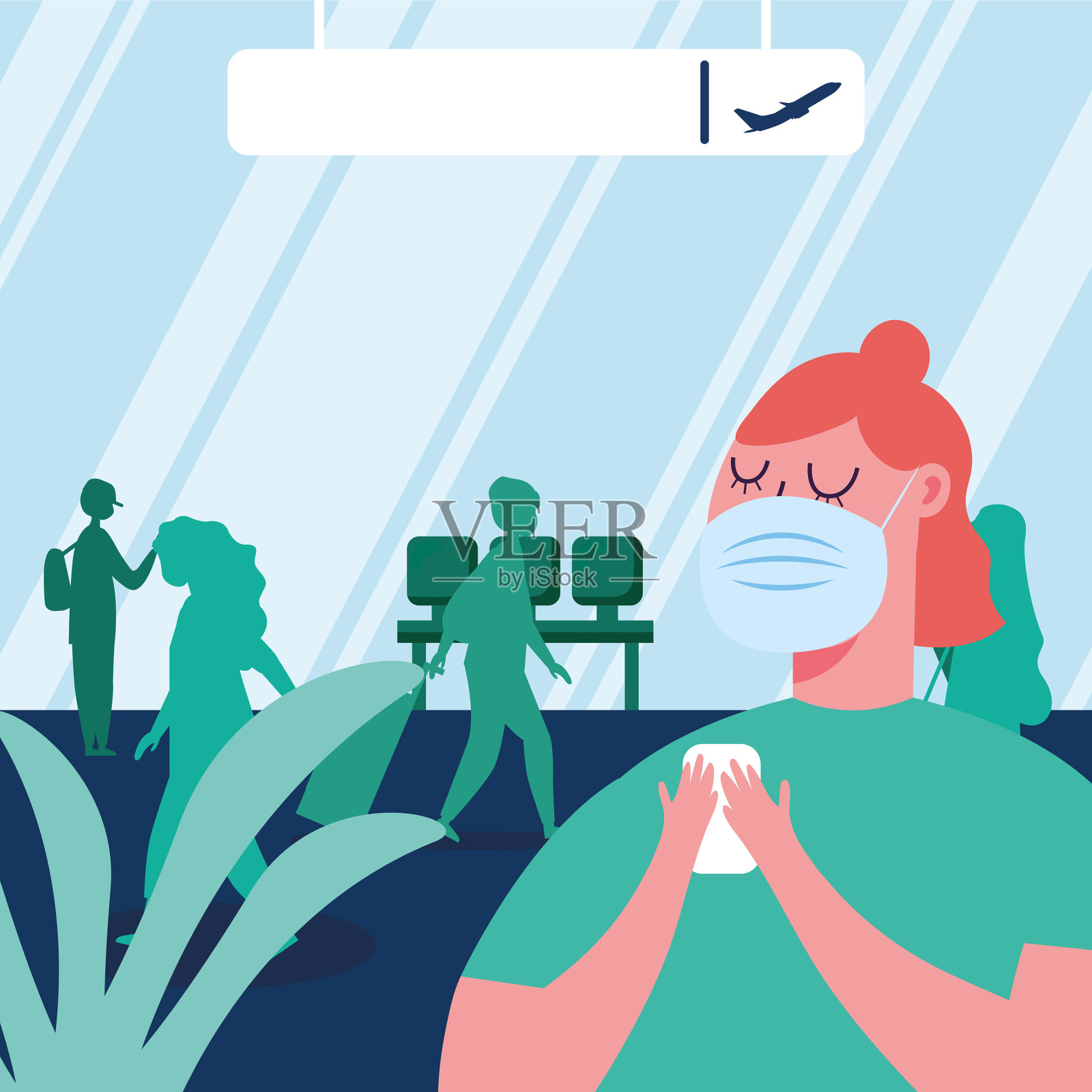 在机场戴口罩的女人插画图片素材