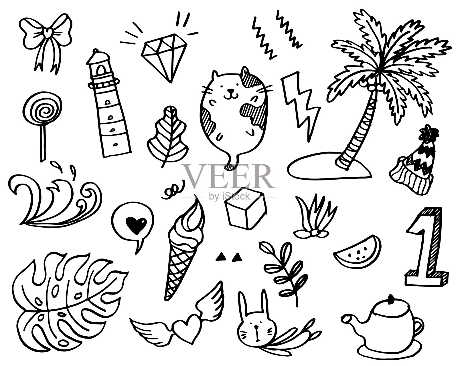 手绘可爱的涂鸦集孤立的白色插画图片素材