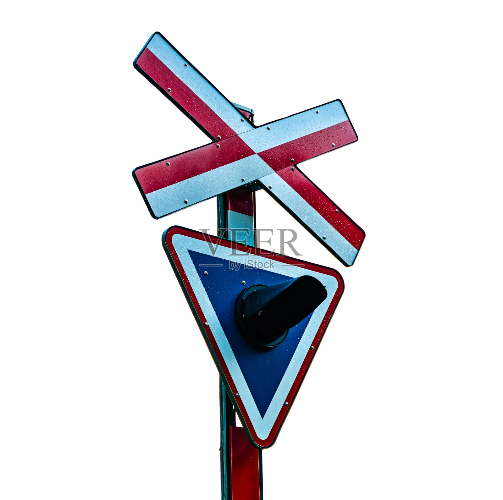 铁路道口信号灯孤立在白色背景上。照片摄影图片