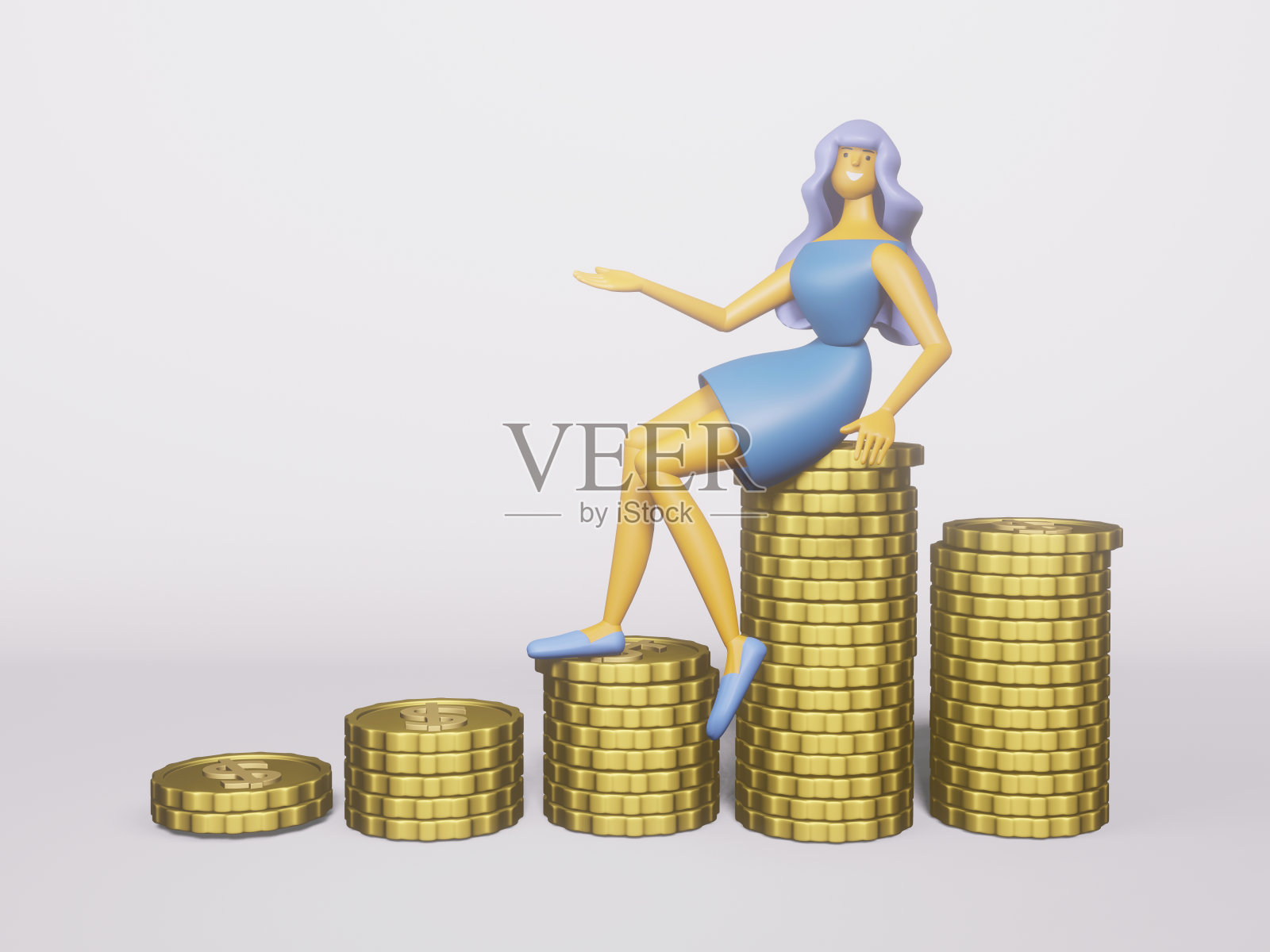 3D金币货币，商业投资解决方案。财务成功的概念。商人把硬币放在越来越多的硬币中。存钱和投资。照片摄影图片