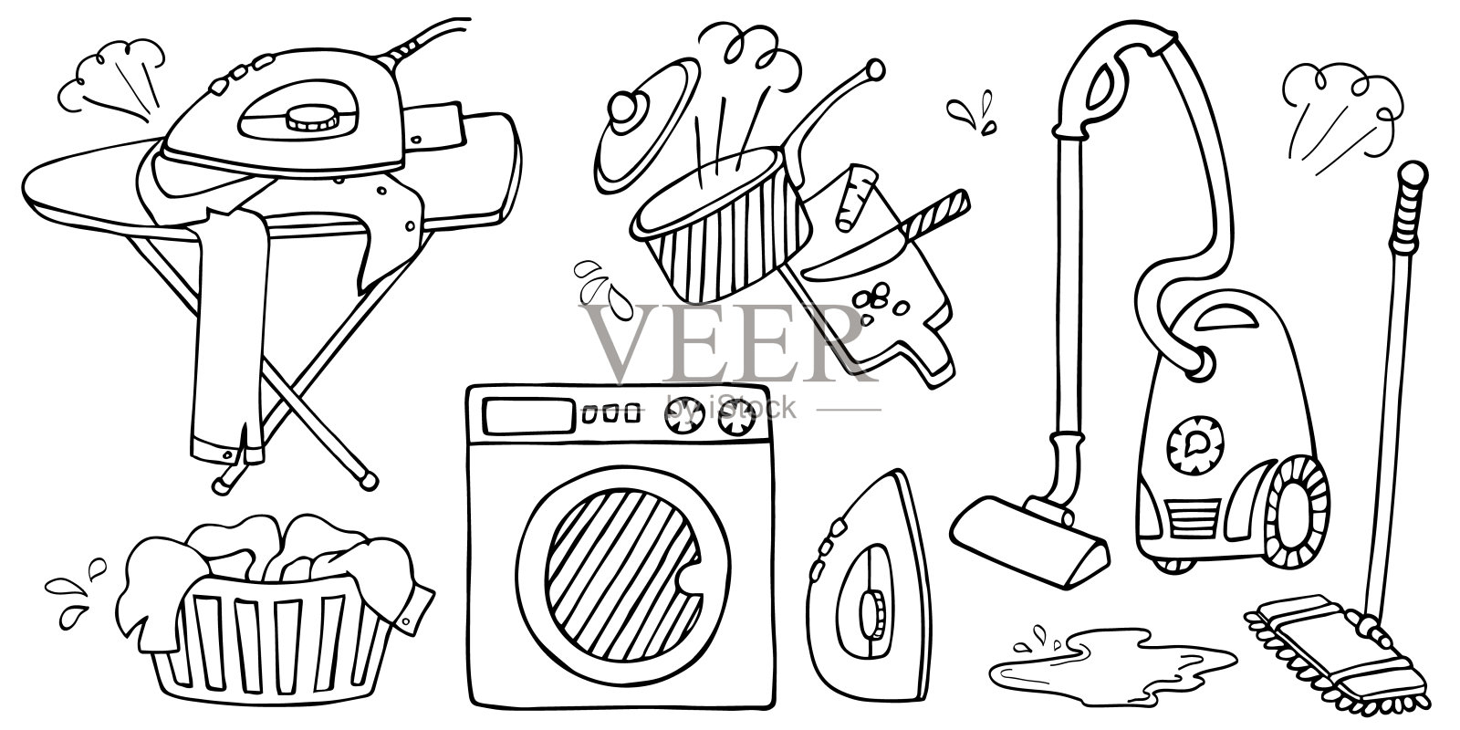 家居用品套装:吸尘器、拖把、洗衣机、洗衣篮、熨斗、熨衣板。孤立矢量，白色背景。插画图片素材