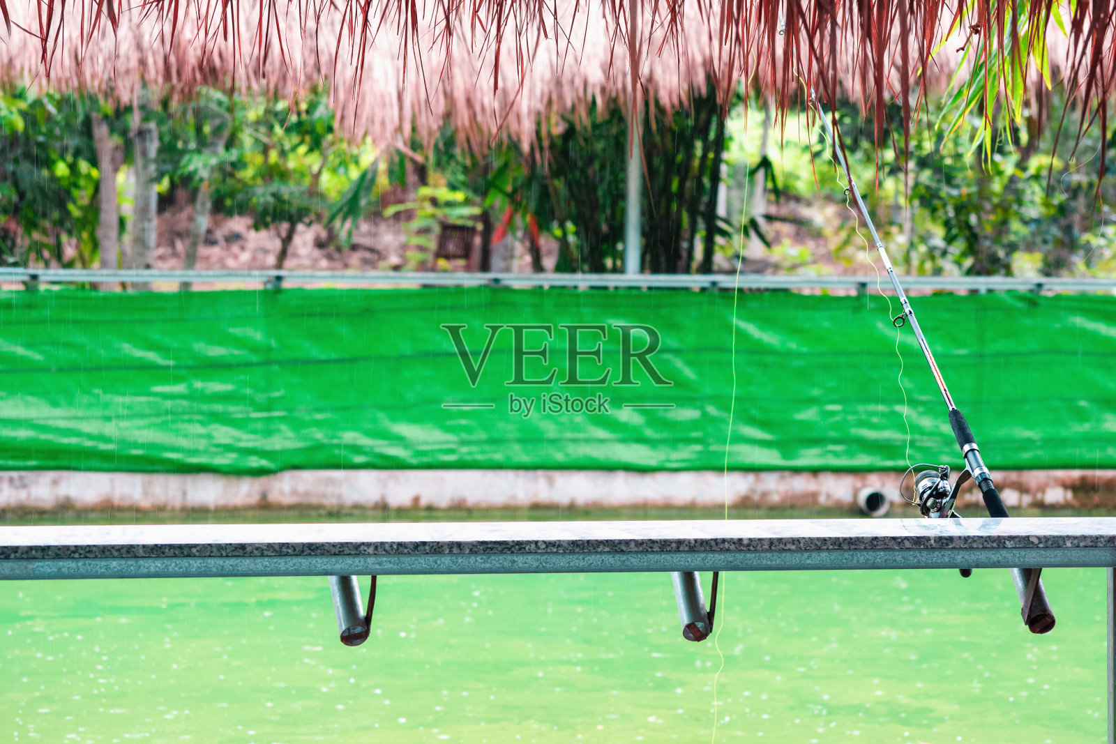 将纺丝棒插入池塘岸边的钓竿架上。照片摄影图片