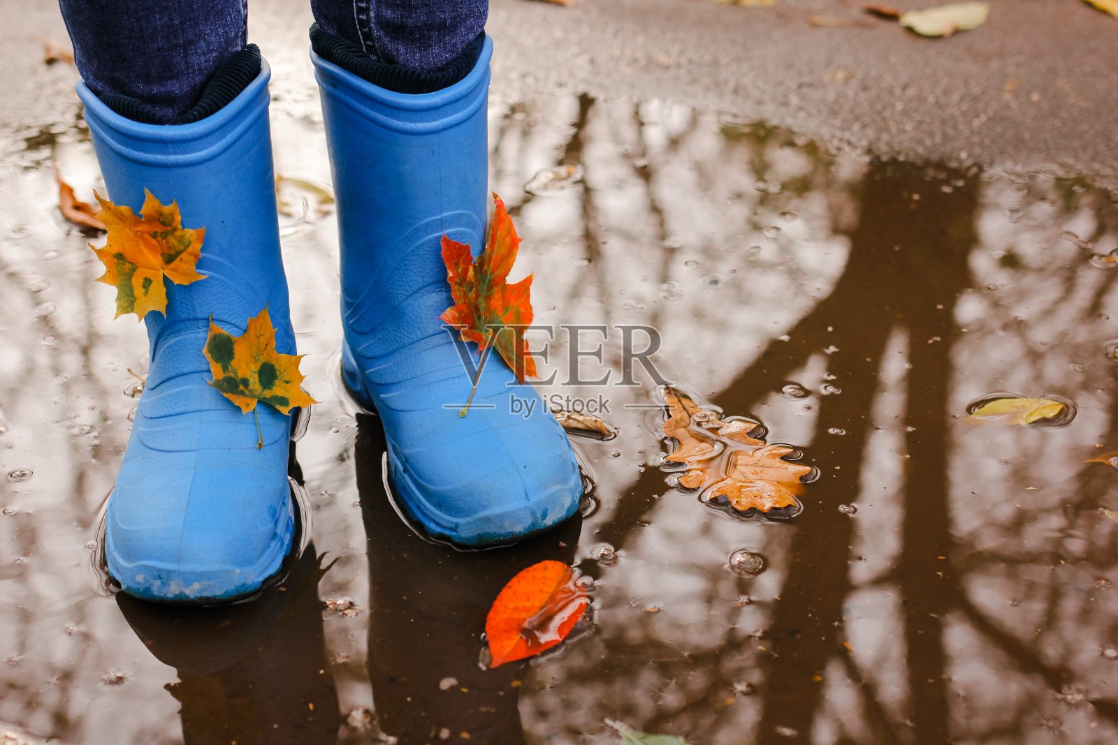 少女穿着蓝色雨靴跳进水坑在秋雨的一天。特写镜头。照片摄影图片