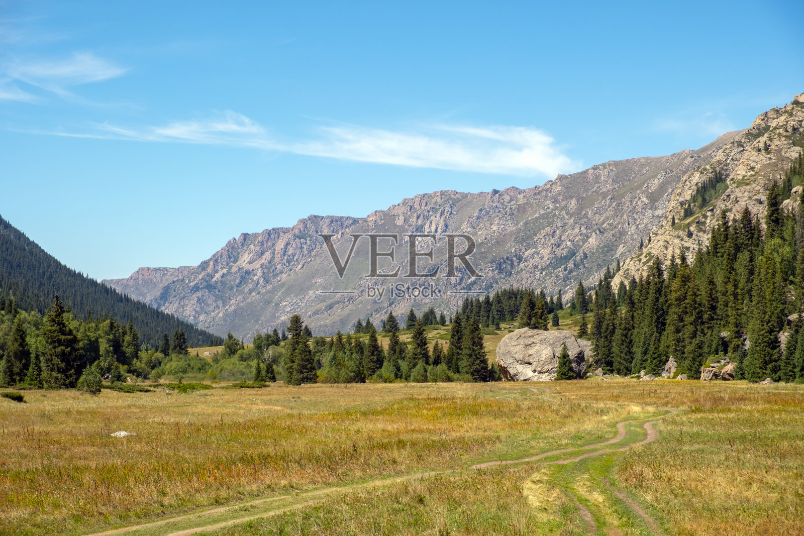 高山峡谷景观与多云的蓝天。夏天自然景观。哈萨克斯坦的科拉河峡谷，通往布尔汗布拉克瀑布。哈萨克斯坦的旅游概念。照片摄影图片