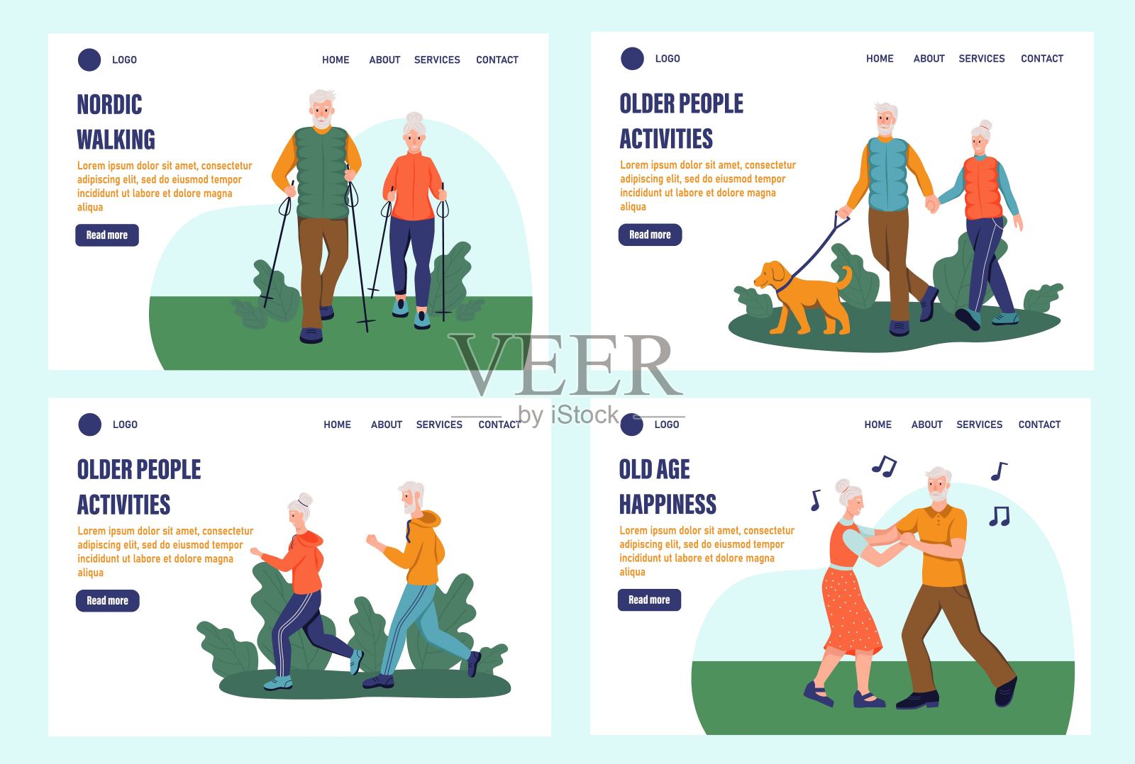 老年人登陆页面设置。退休老人在公园里跑步、散步、跳舞、散步。模板,旗帜。平面向量插图插画图片素材