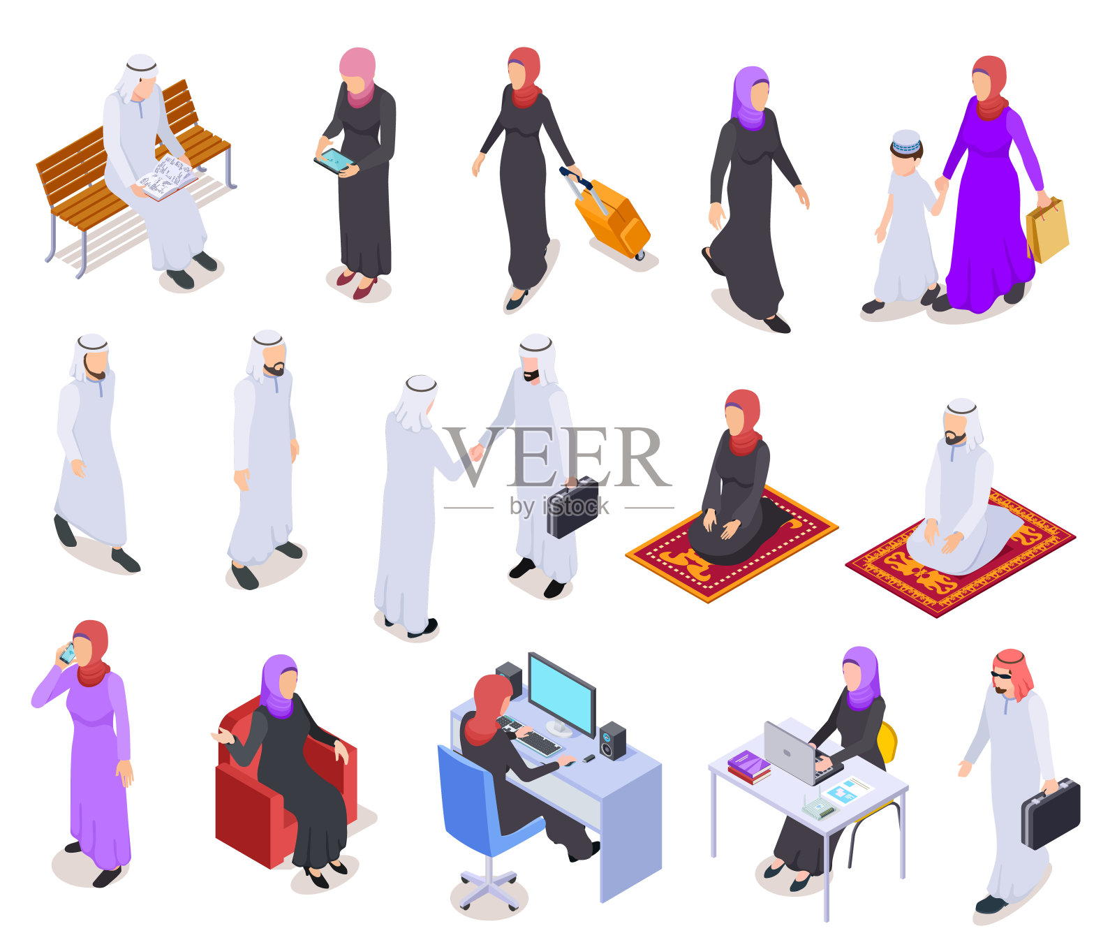 穆斯林等距。阿拉伯3d人，沙特商人男女穿着传统服装。阿拉伯孤立向量字符插画图片素材
