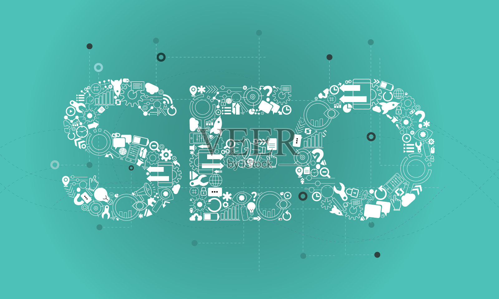SEO签名大写字母。由小网络图标组成的字母。插画图片素材
