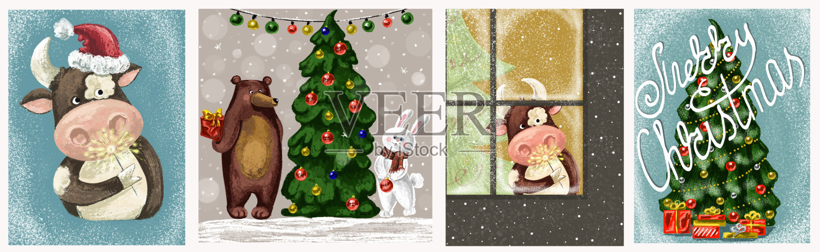 一套有趣的动物寒假插画:戴着圣诞老人帽的虾虎鱼，圣诞树旁的熊和兔子，礼物插画图片素材