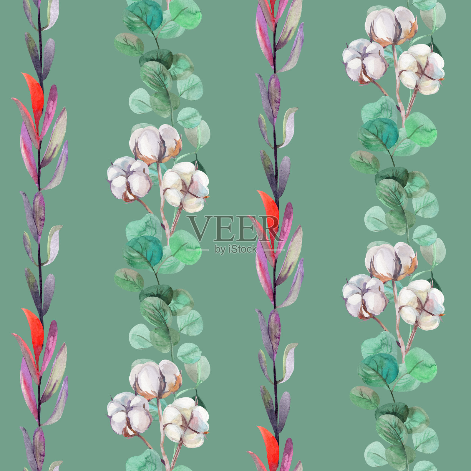 花无缝图案与小枝棉和桉树为表面设计织物插画图片素材