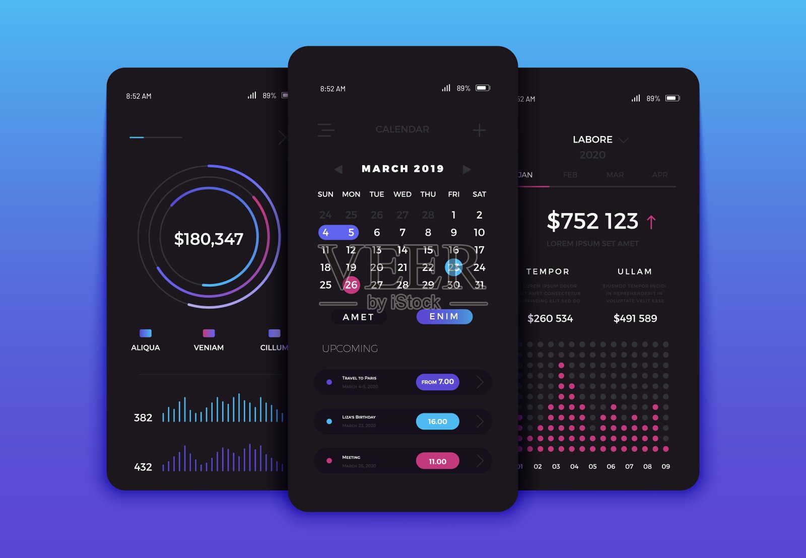 手机应用用户界面屏幕设计。矢量集现代用户界面，用户体验，GUI屏幕和网页图标的移动应用程序和响应网站。移动ui套件与图表，统计和日历插画图片素材