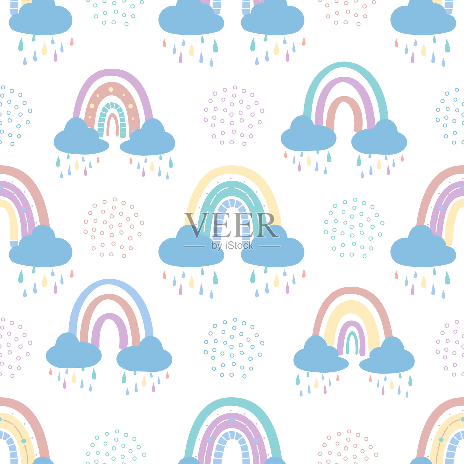 抽象的彩虹与云和雨滴，涂鸦和圆圈在一个无缝的模式。柔和柔和的彩色儿童图案。手绘矢量插图。纺织品，包装，包装材料的设计插画图片素材