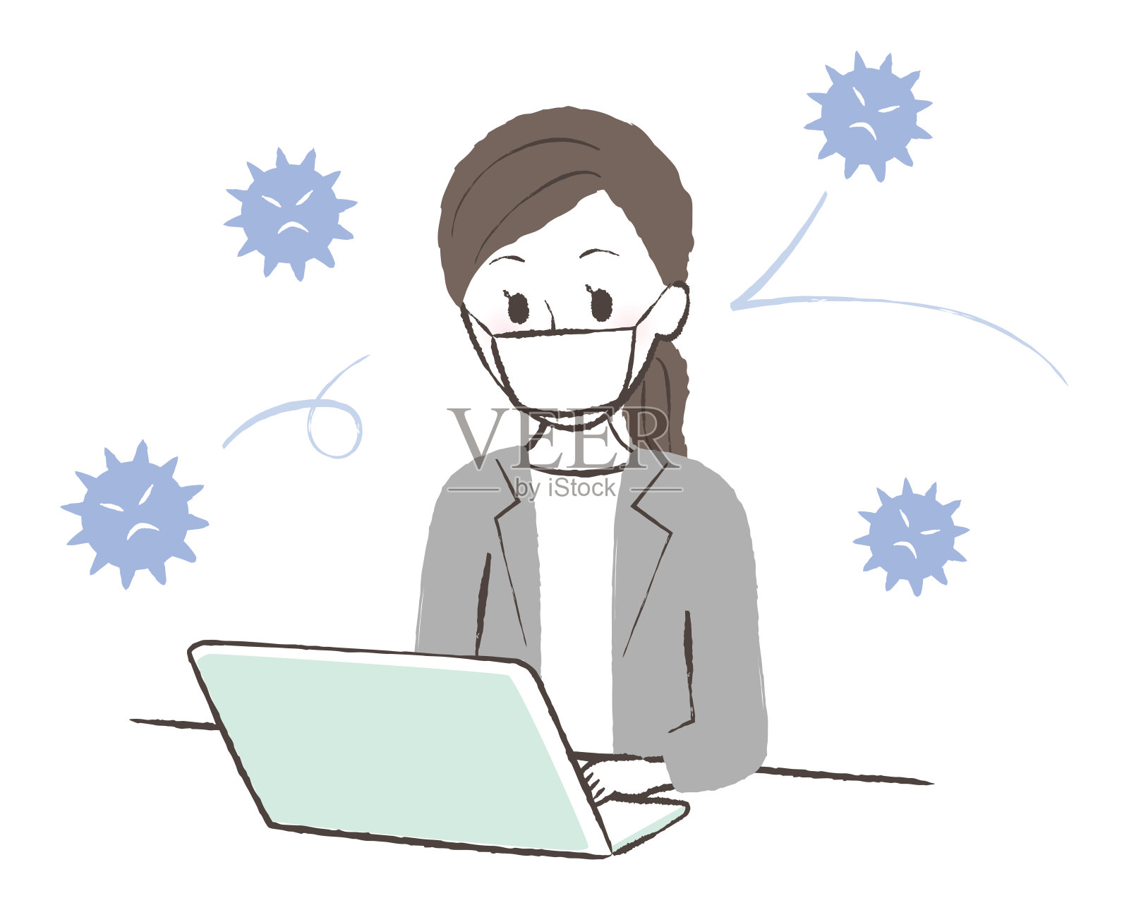 一个带着面具和病毒的女士的插图插画图片素材