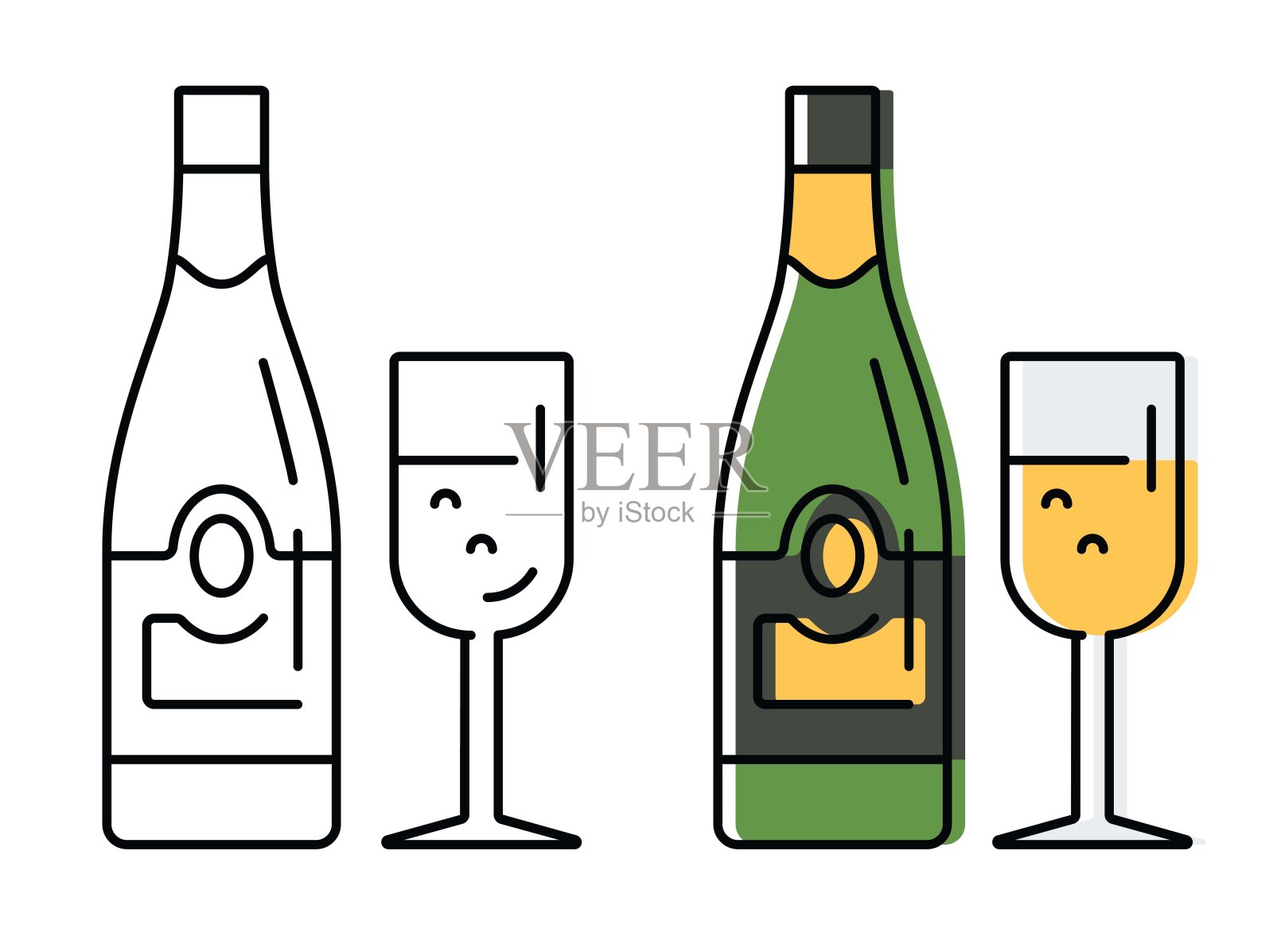 一瓶香槟。玻璃杯里的起泡酒。平面风格的矢量酒精图标插画图片素材