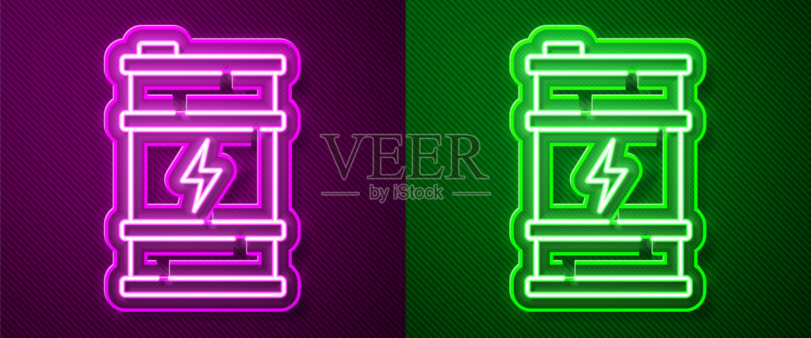 发光的霓虹灯线生物燃料桶图标隔离在紫色和绿色的背景。生态生物和罐。绿色环境，循环利用。向量插画图片素材