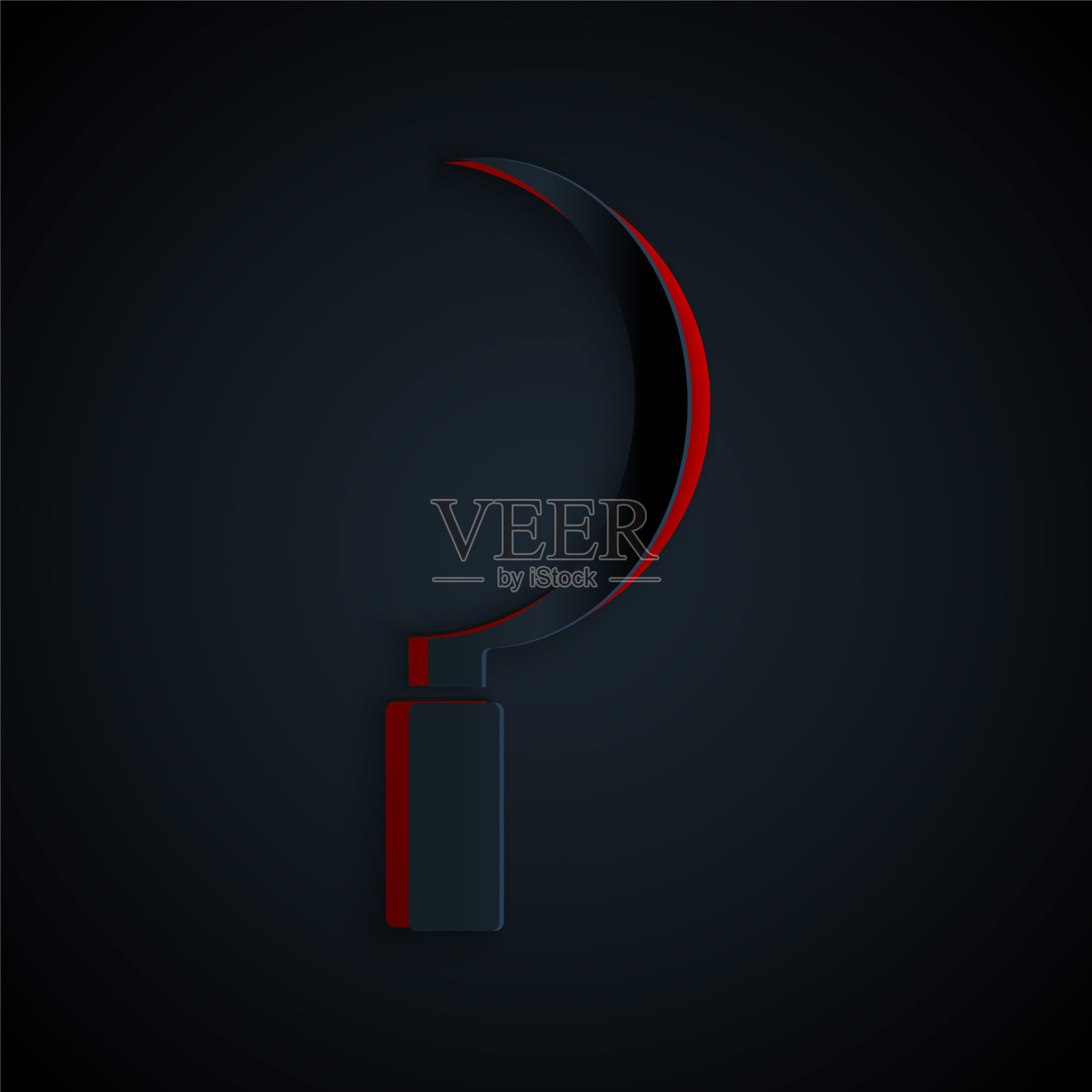 剪纸镰刀图标孤立在黑色背景。镰刀的迹象。纸艺术风格。向量插画图片素材