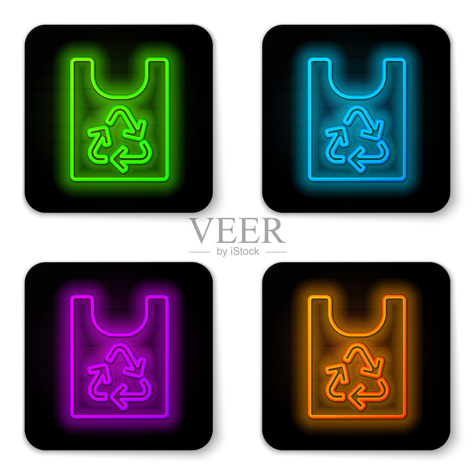 发光的霓虹线塑料袋与回收图标隔离在白色背景。有回收标志的袋子。黑色方形按钮。向量插画图片素材