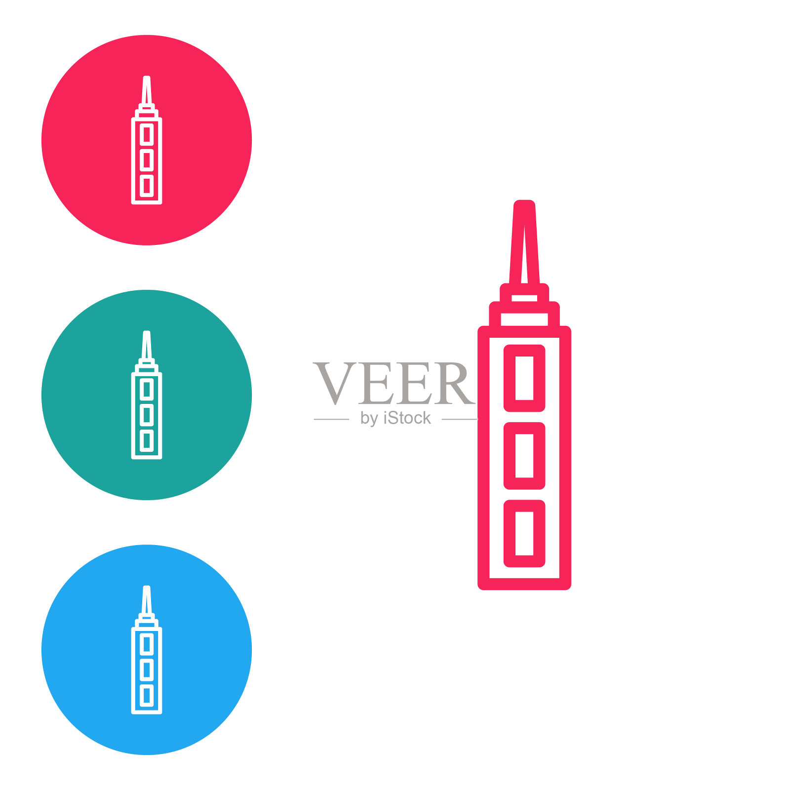 白色背景上孤立的摩天大楼图标。都市建筑全景景观。在圆形按钮中设置图标。向量图标素材