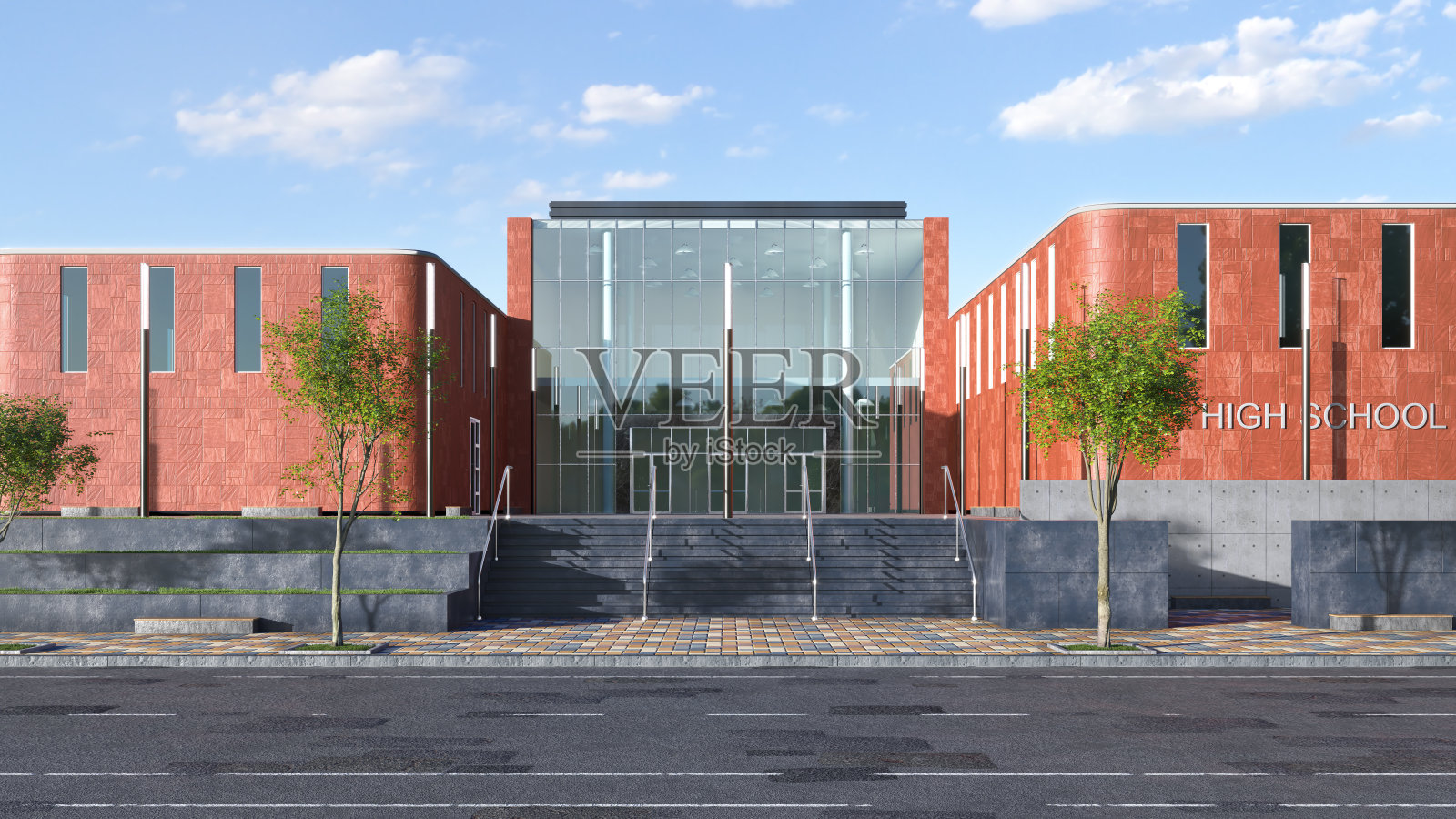 高中入口正面。三维演示照片摄影图片