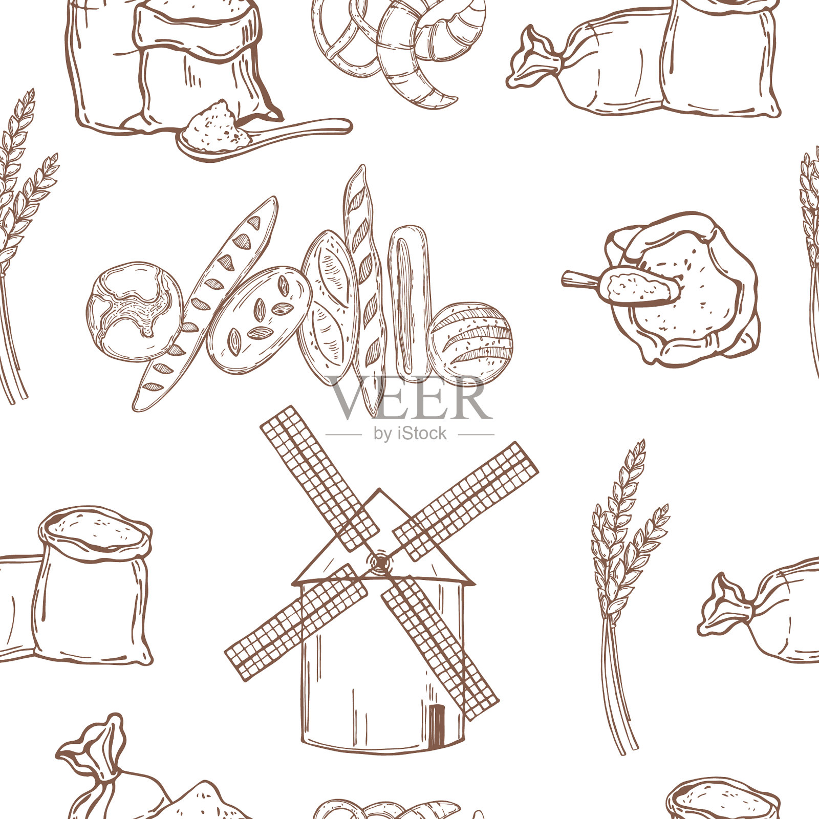 手工风车面粉和面包插画图片素材